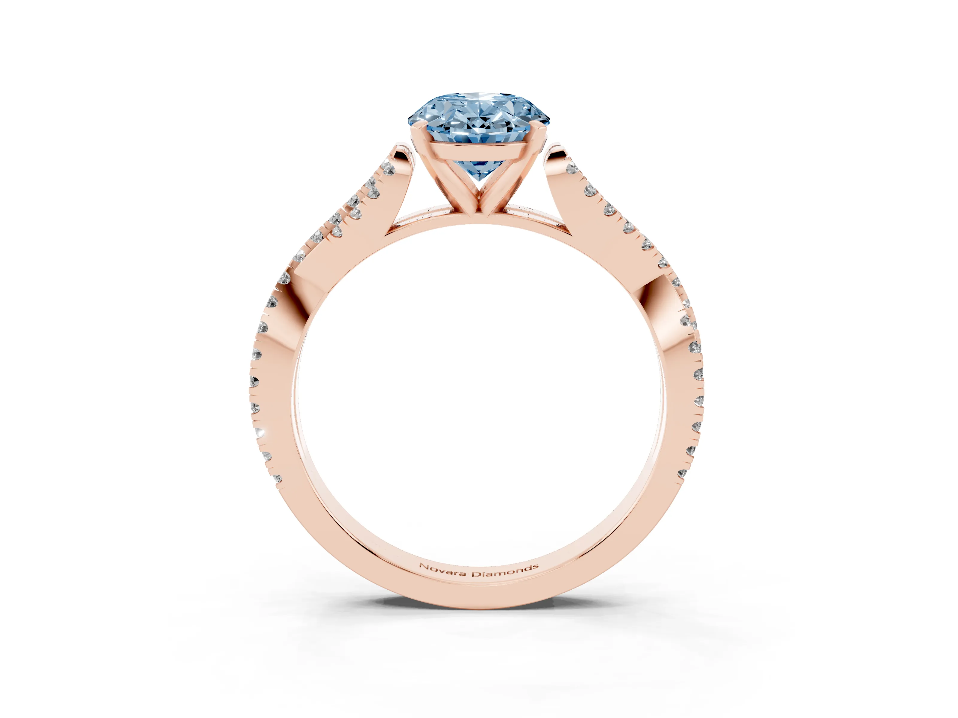 Fancy Blue Oval Cut Diamond Solitaire Engagement Ring Set in Rose gold with Twisted Pavé Band and Prong Setting