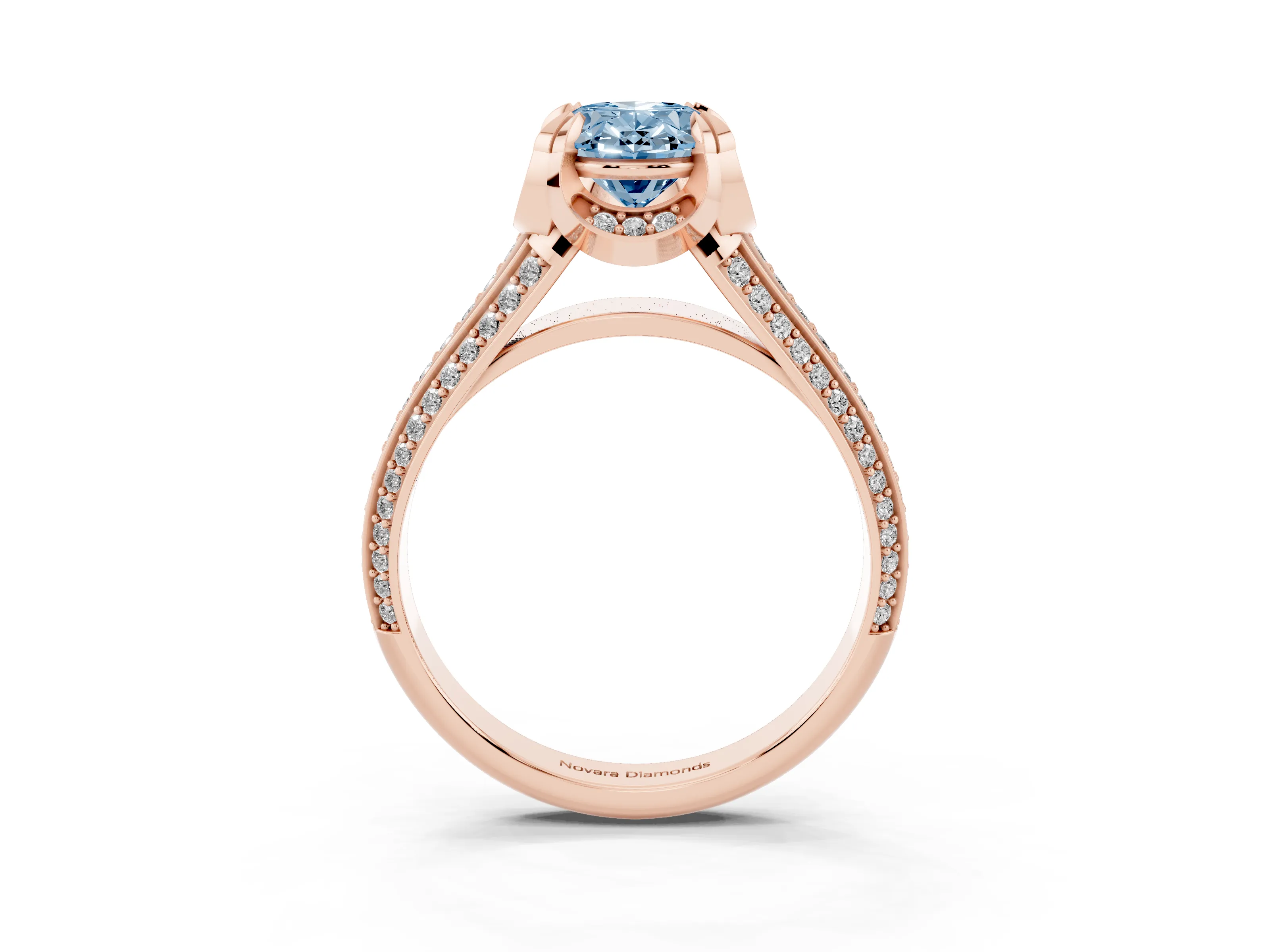 Fancy Blue Oval Cut Diamond Pavé Split Shank Solitaire Ring Set in Rose gold with Prong Setting