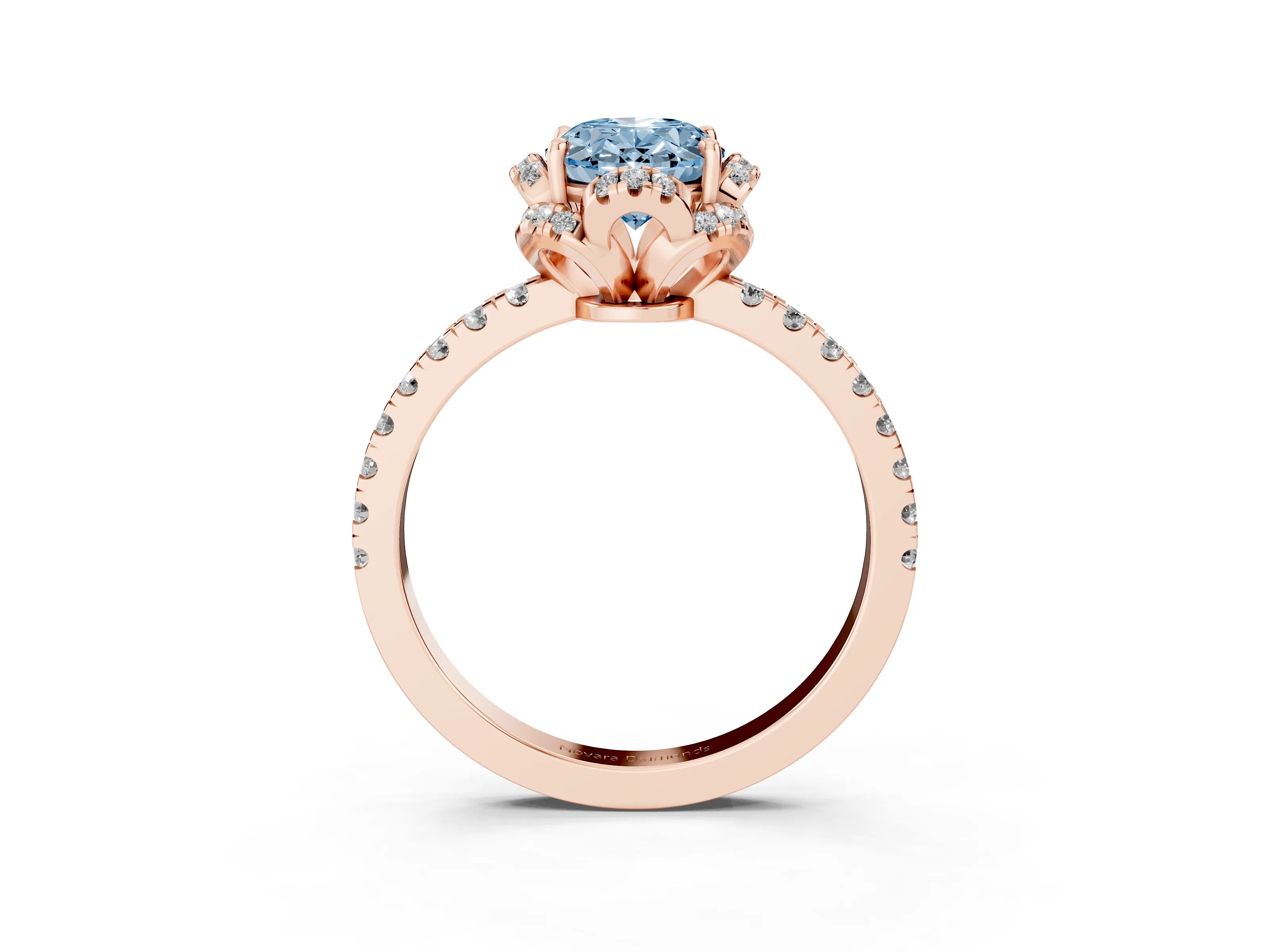 Fancy Blue Oval Cut Diamond Halo Pavé Band Ring Set in Rose gold with Prong-Held Center