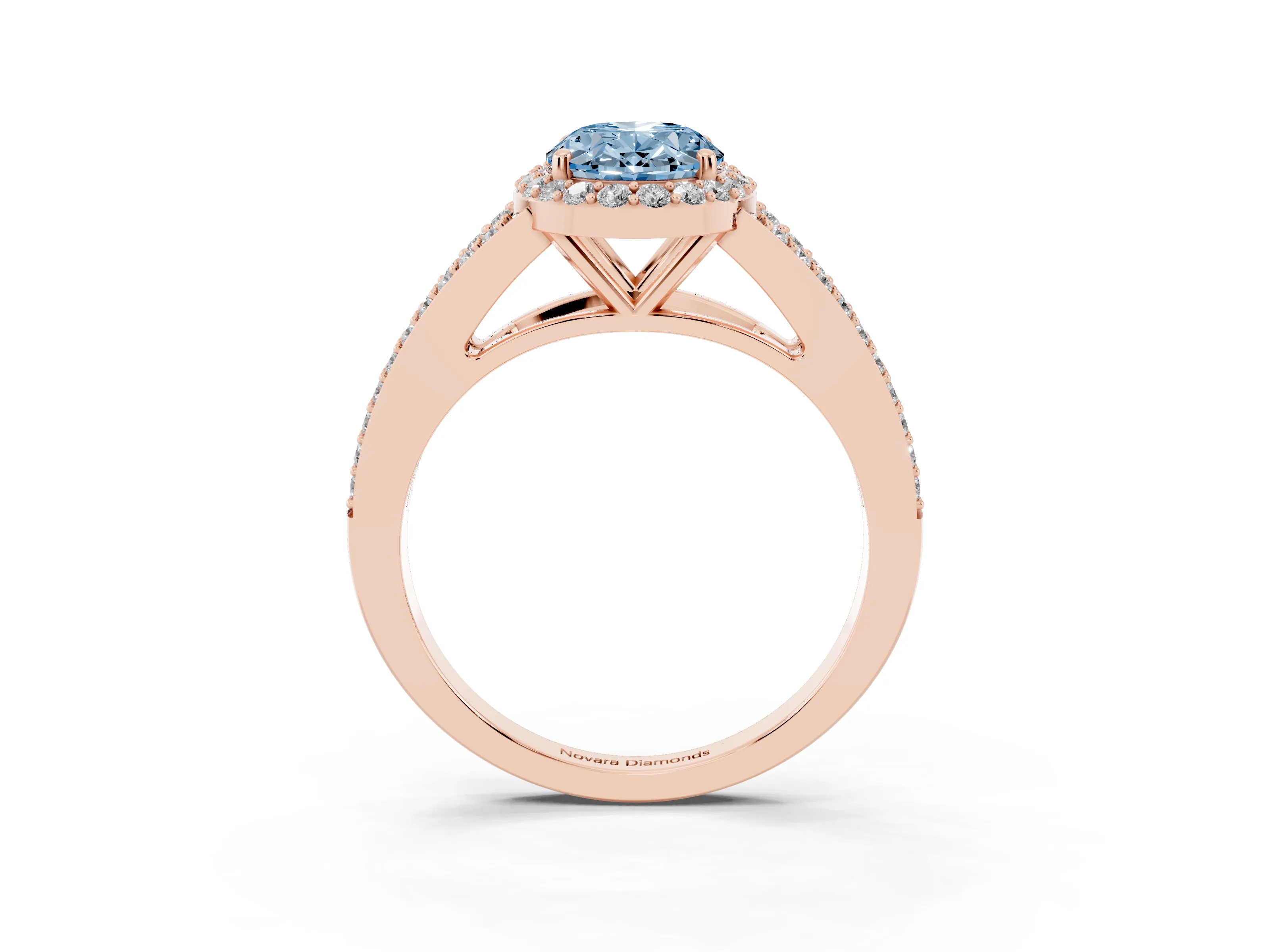 Fancy Blue Oval Cut Diamond Halo Split Shank Ring Set in Rose gold with Accent Stones and Prong Setting