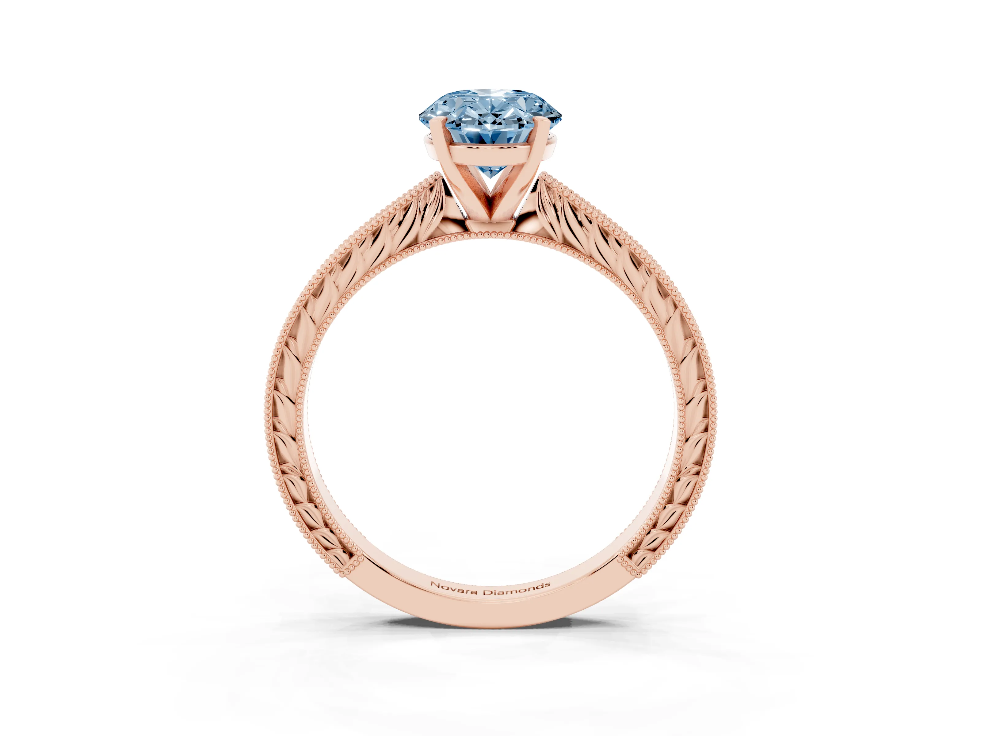 Fancy Blue Oval Cut Diamond Solitaire Milgrain Engraved Band Set in Rose gold with Prong Setting