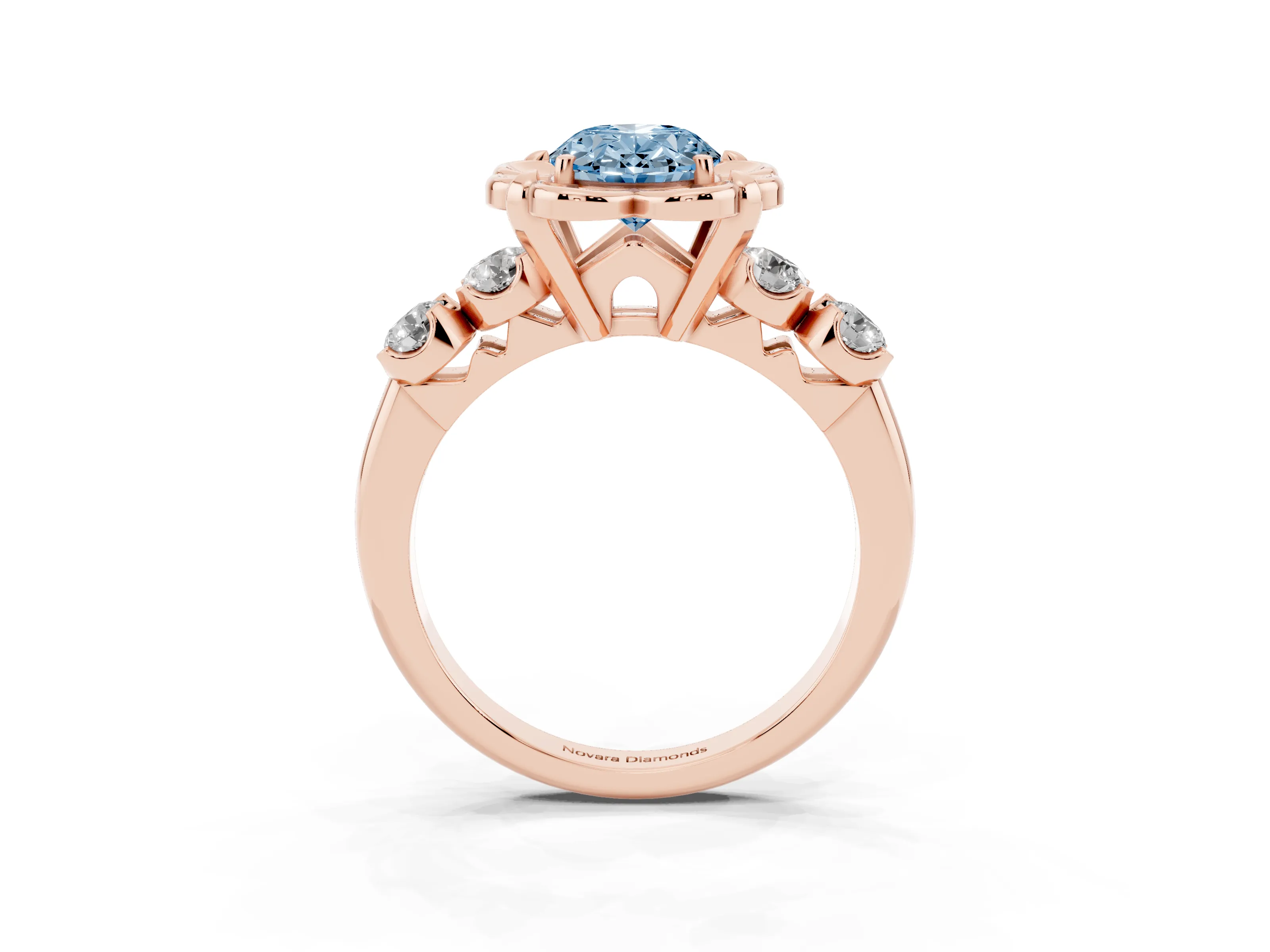 Fancy Blue Oval Cut Diamond Floral Halo Ring Set in Rose gold with Shared Prong Band