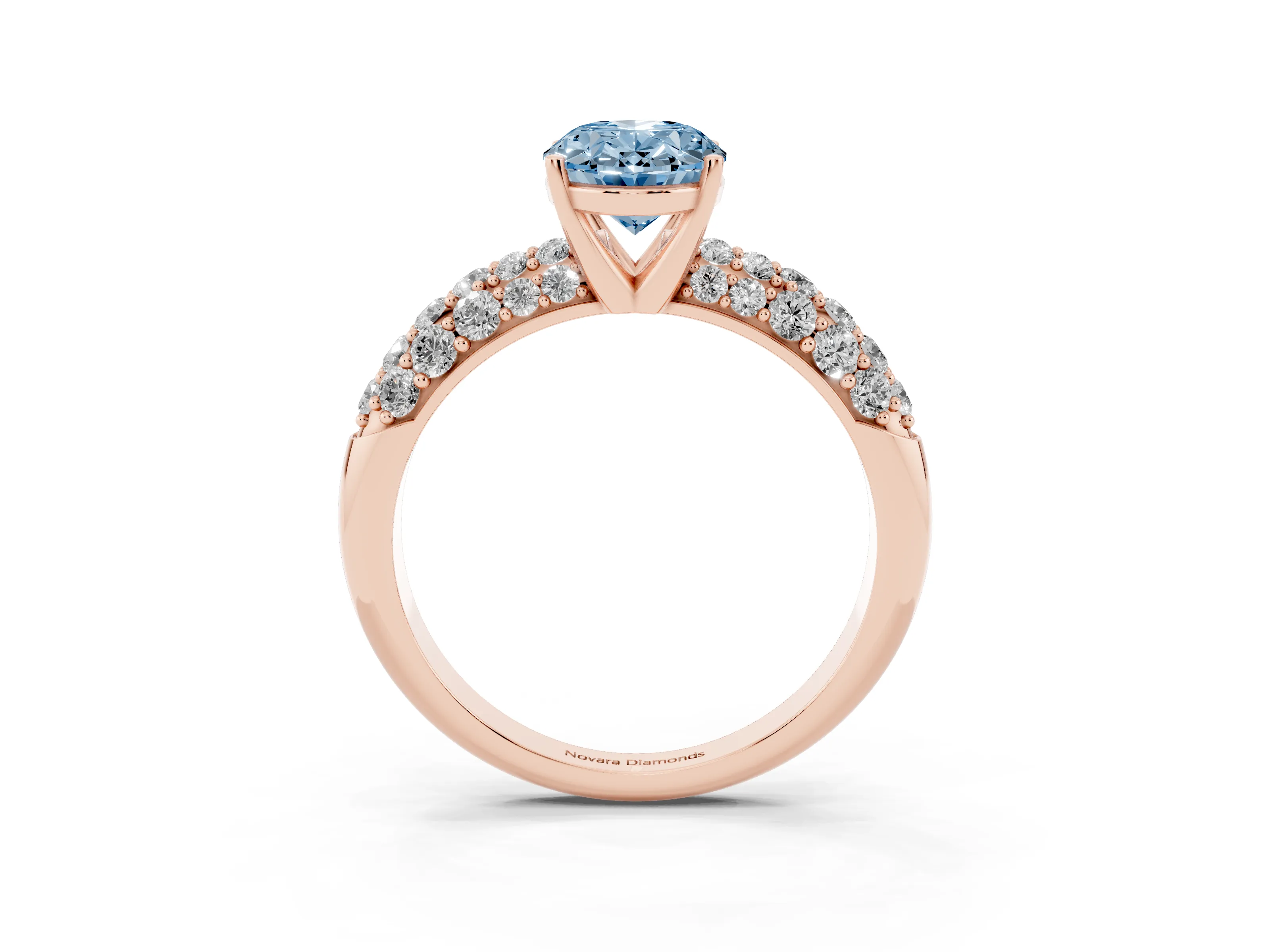 Fancy Blue Oval Cut Diamond Pavé Band Solitaire Ring Set in Rose gold with Close-Set Accent Stones and Prong Setting