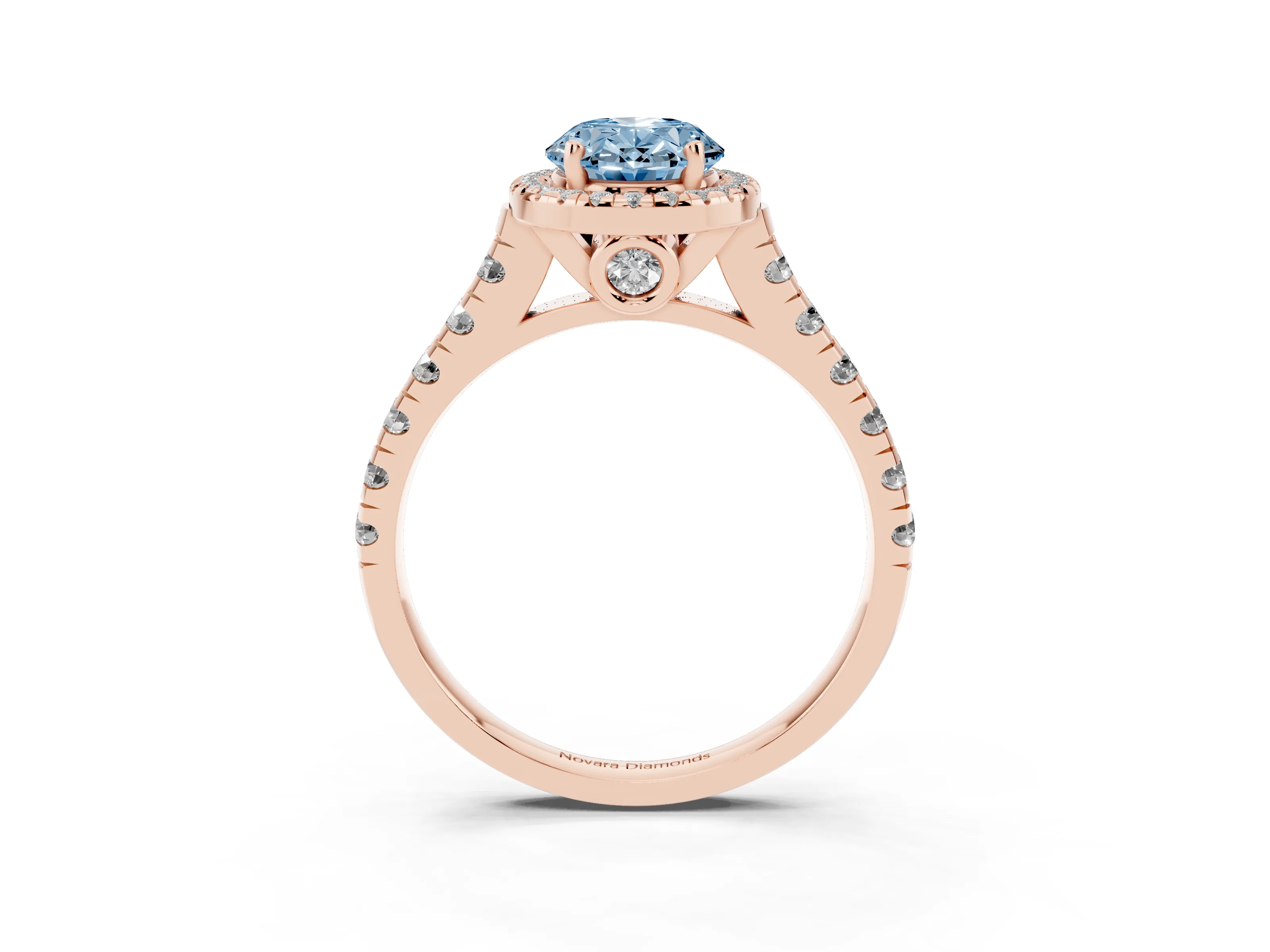Fancy Blue Oval Cut Diamond Halo Engagement Ring Set in Rose gold with Pavé Band and Prong-Set Center