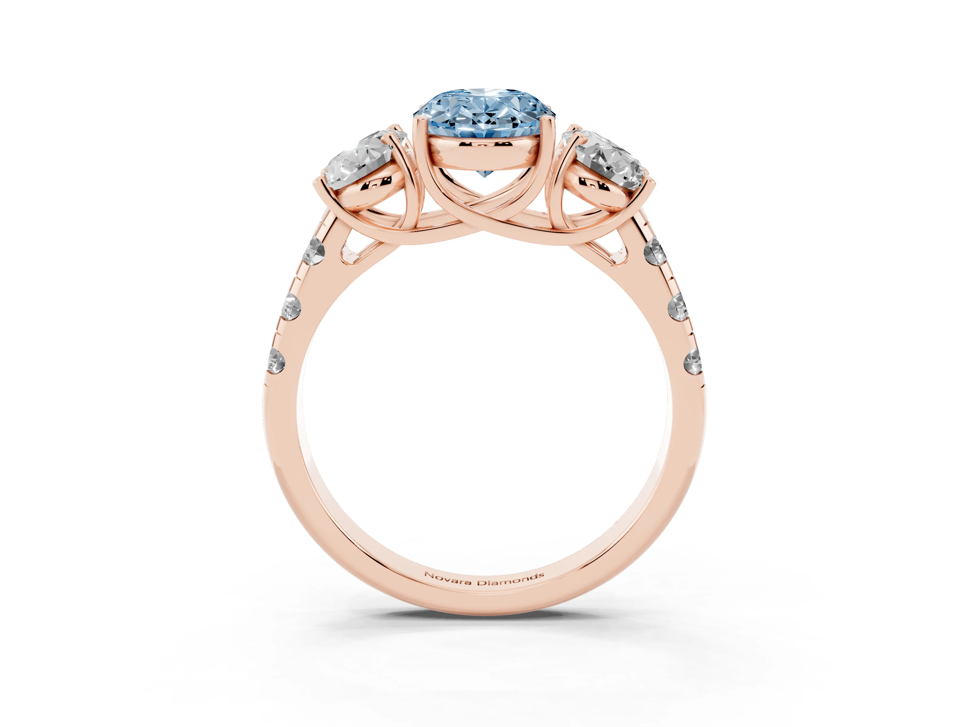 Fancy Blue Oval Cut Diamond Three-Stone Ring Set in Rose gold with Pavé Band
