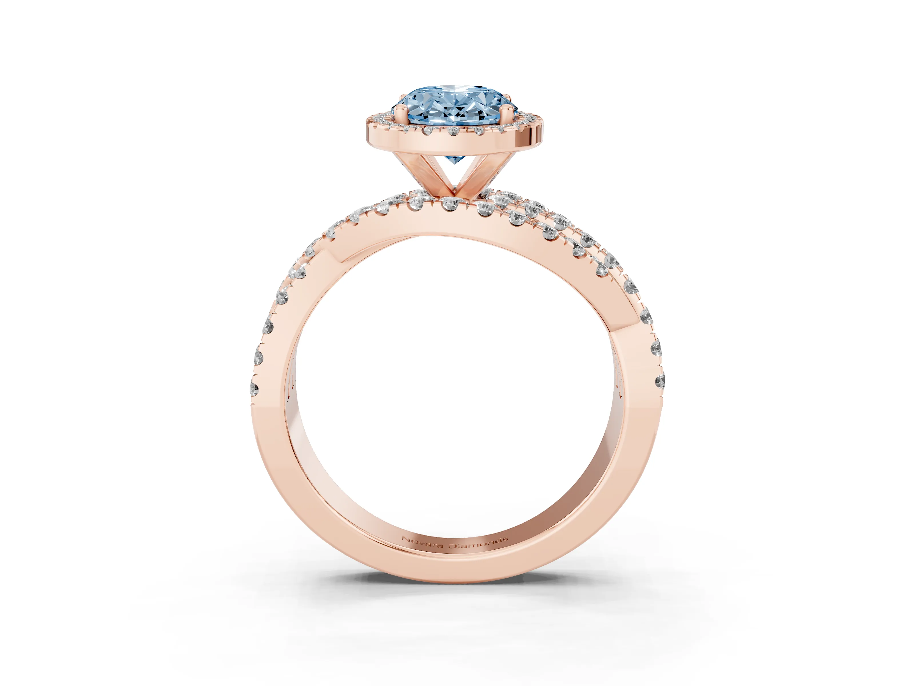 Fancy Blue Oval Cut Diamond Halo Ring Set in Rose gold with Round Crossover Split Shank and Prong Setting
