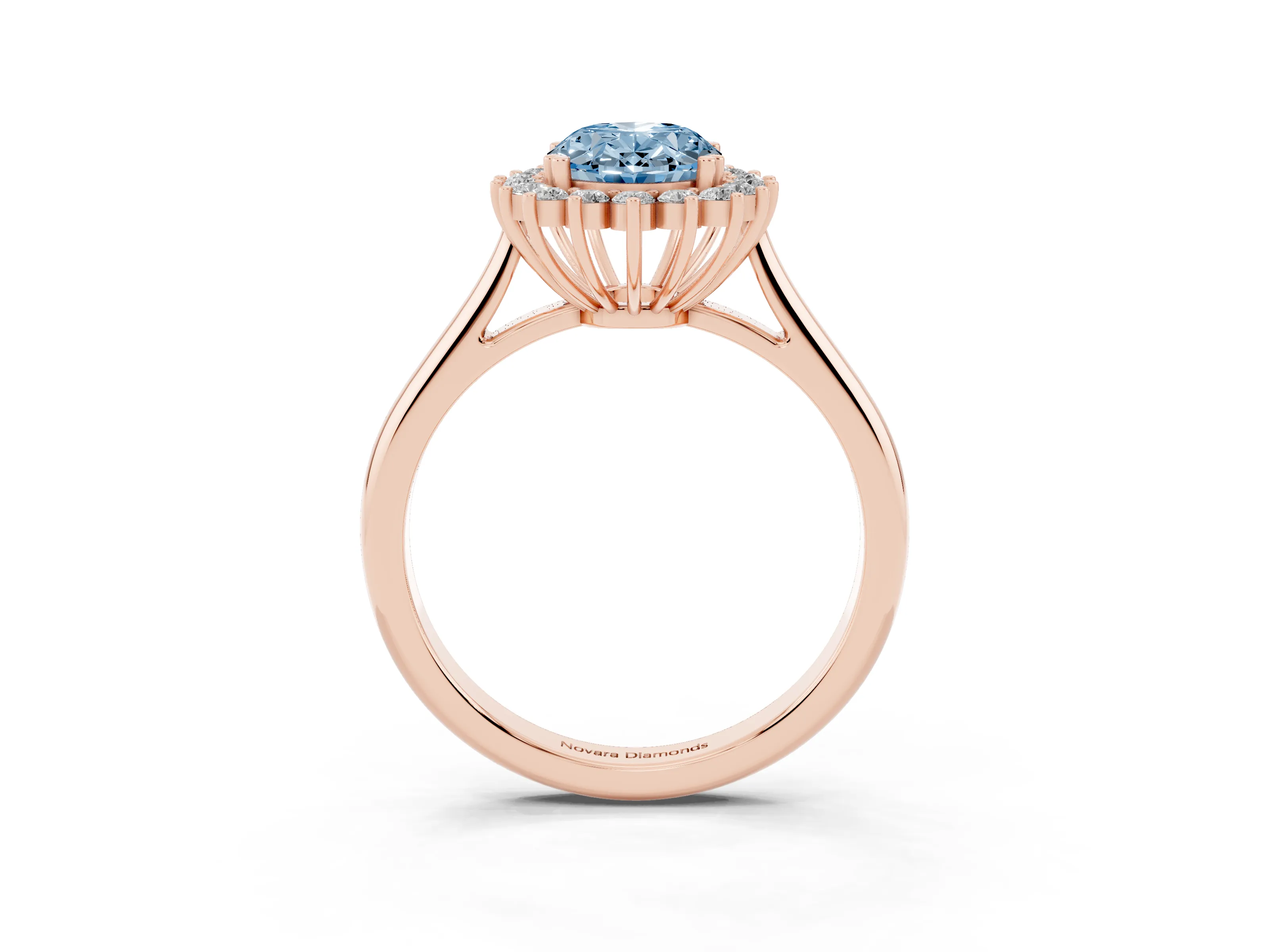 Fancy Blue Oval Cut Diamond Halo Ring Set in Rose gold with Plain Solitaire Band and Prong Setting