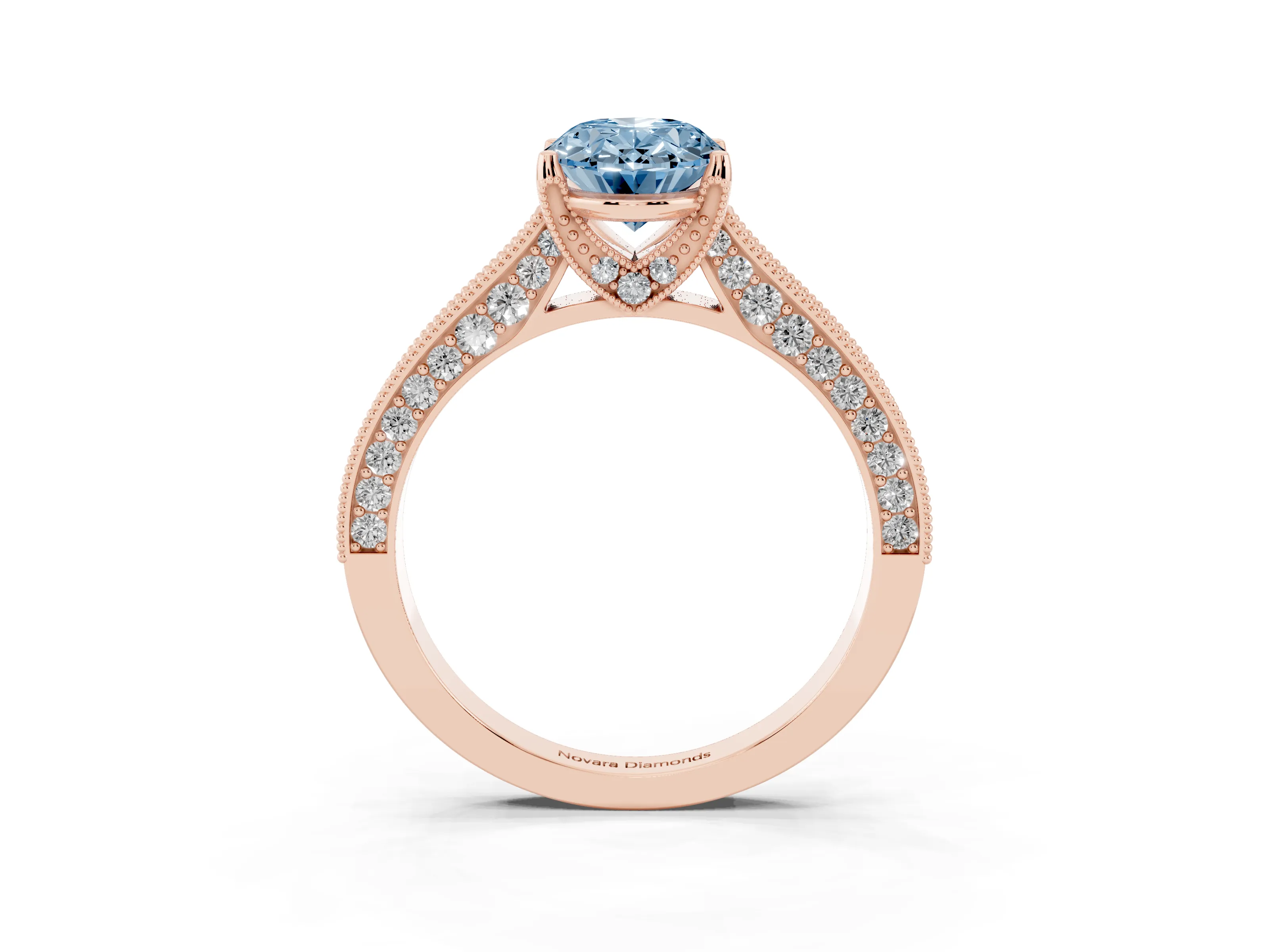 Fancy Blue Oval Cut Diamond Solitaire Ring Set in Rose gold with Milgrain-Edged Pavé Band and Prong Setting
