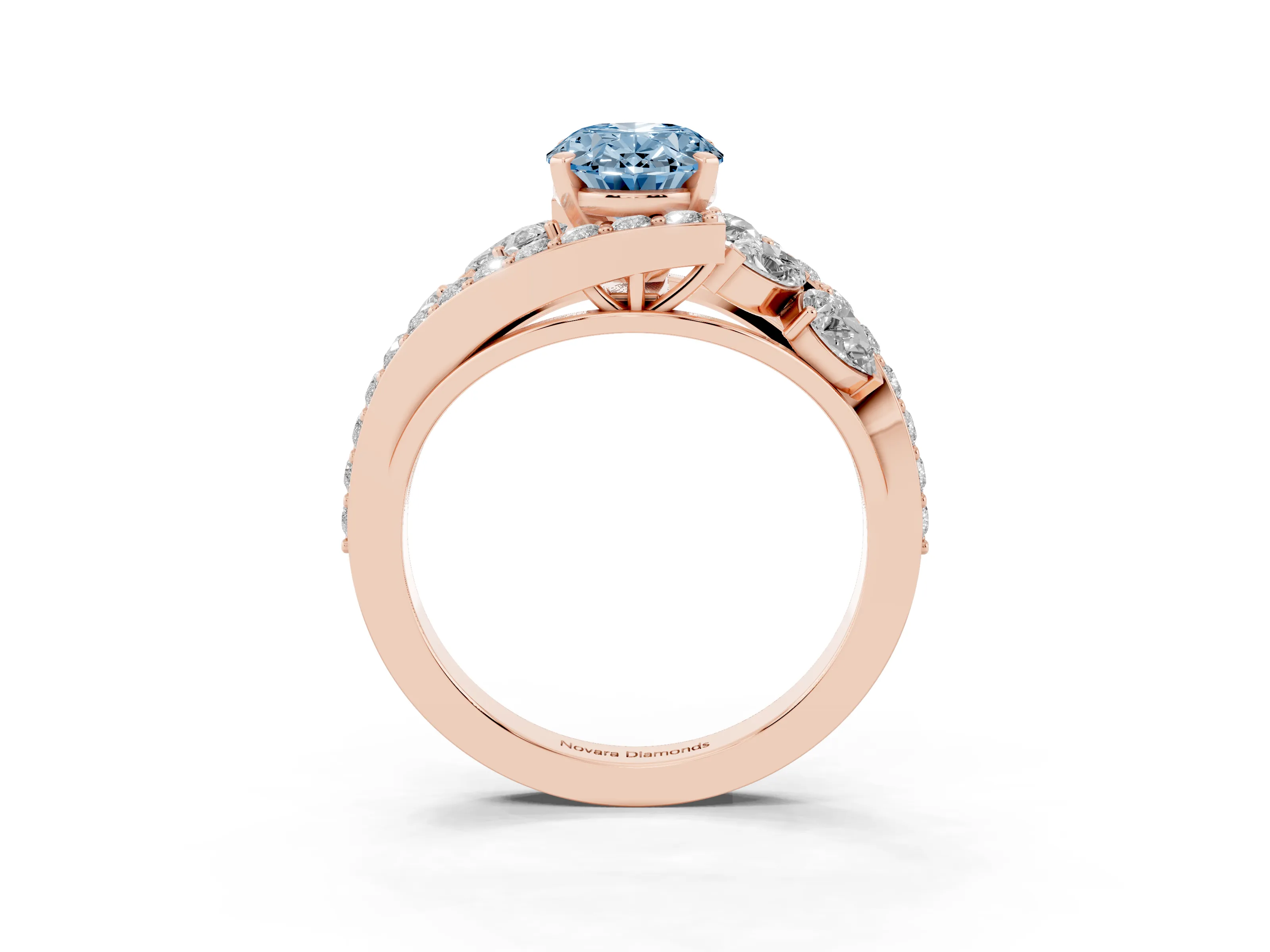 Fancy Blue Oval Cut Diamond Halo Ring Set in Rose gold with Marquise and Pavé Band in Prong Setting
