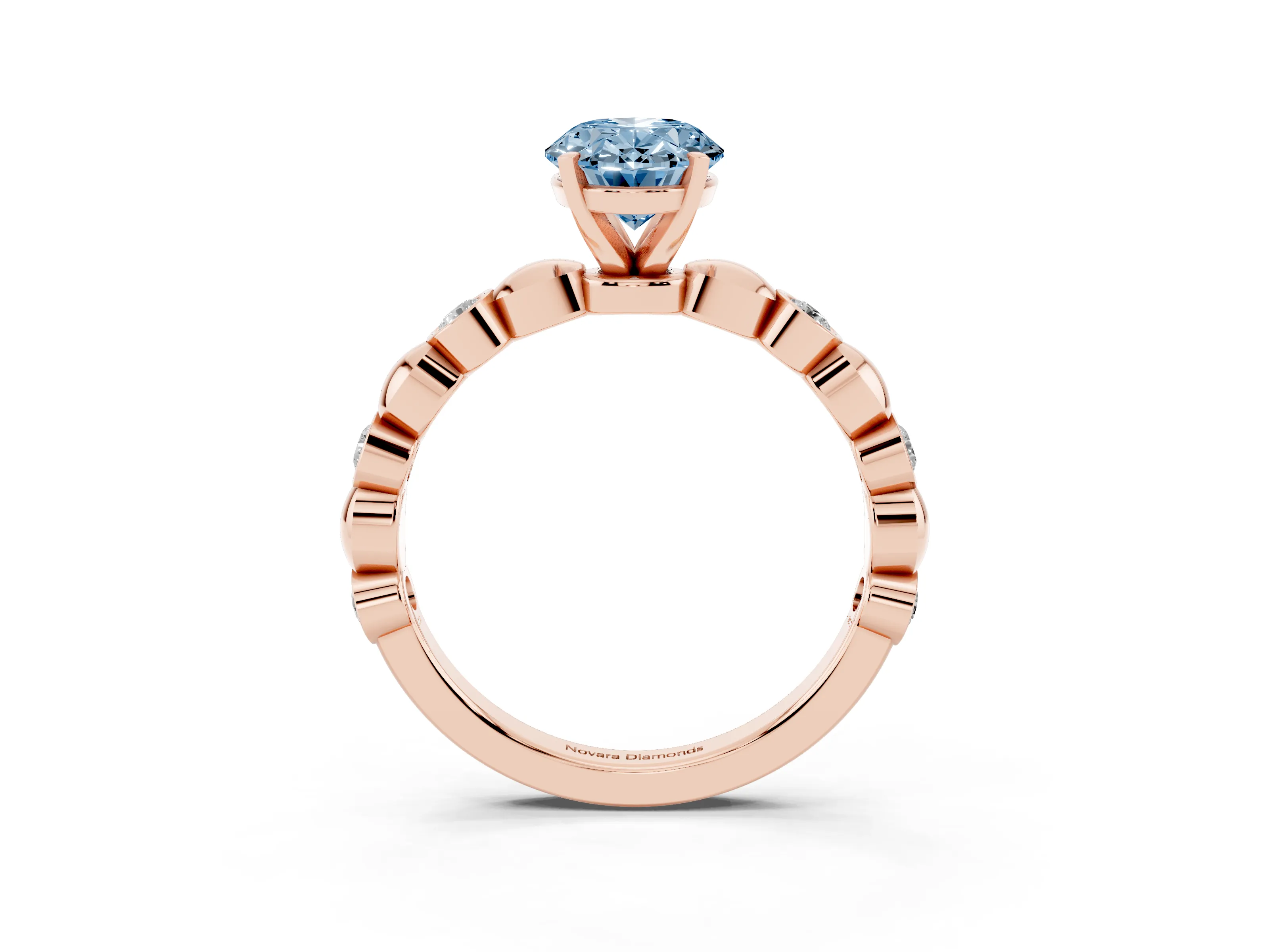 Fancy Blue Oval Cut Diamond Solitaire Ring Set in Rose gold with Bezel-Set Accents on Beaded Band and Prong Setting
