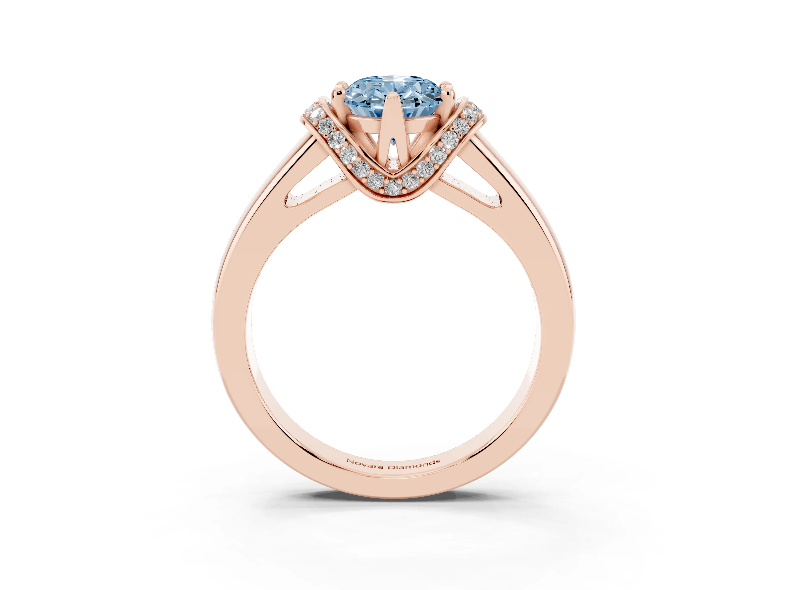 Fancy Blue Oval Cut Diamond Pavé Band Solitaire Ring Set in Rose gold with Prong Setting