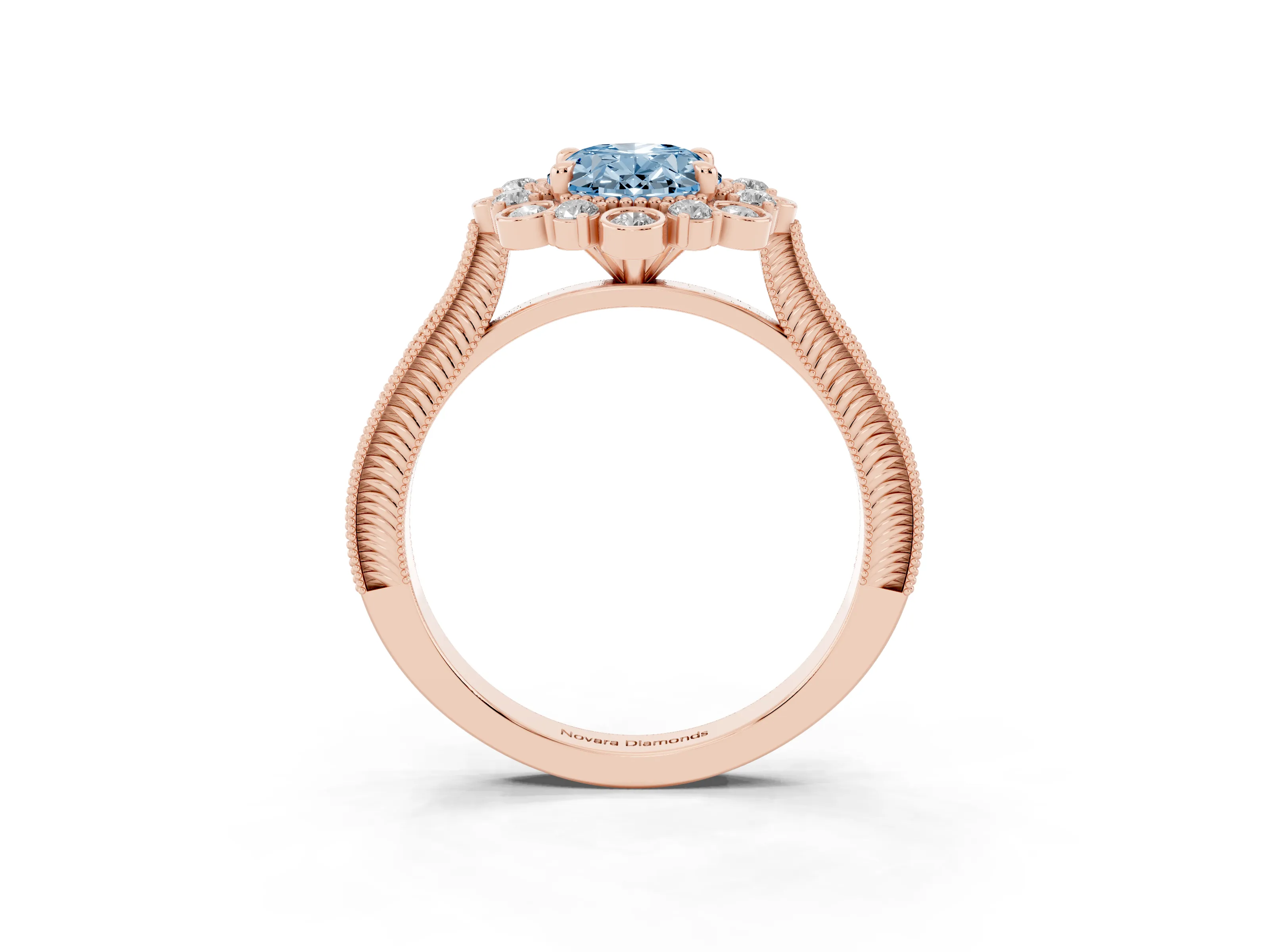 Fancy Blue Oval Cut Diamond Halo Milgrain Pavé Ring Set in Rose gold with Prong Setting