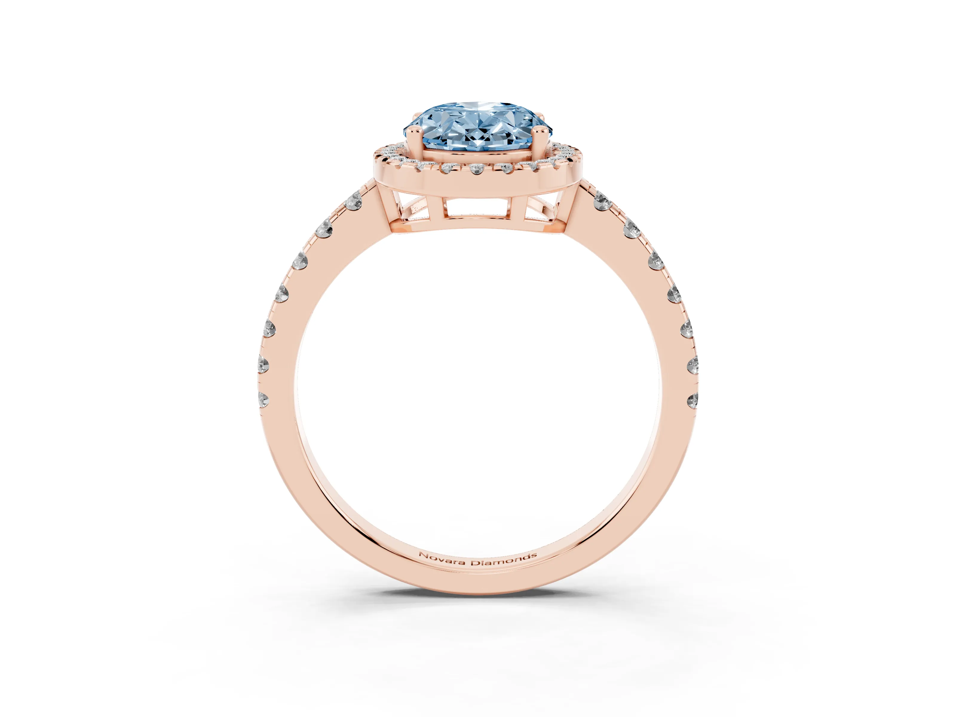 Fancy Blue Oval Cut Diamond Halo Ring Set in Rose gold with Delicate Pavé Band and Prong Setting
