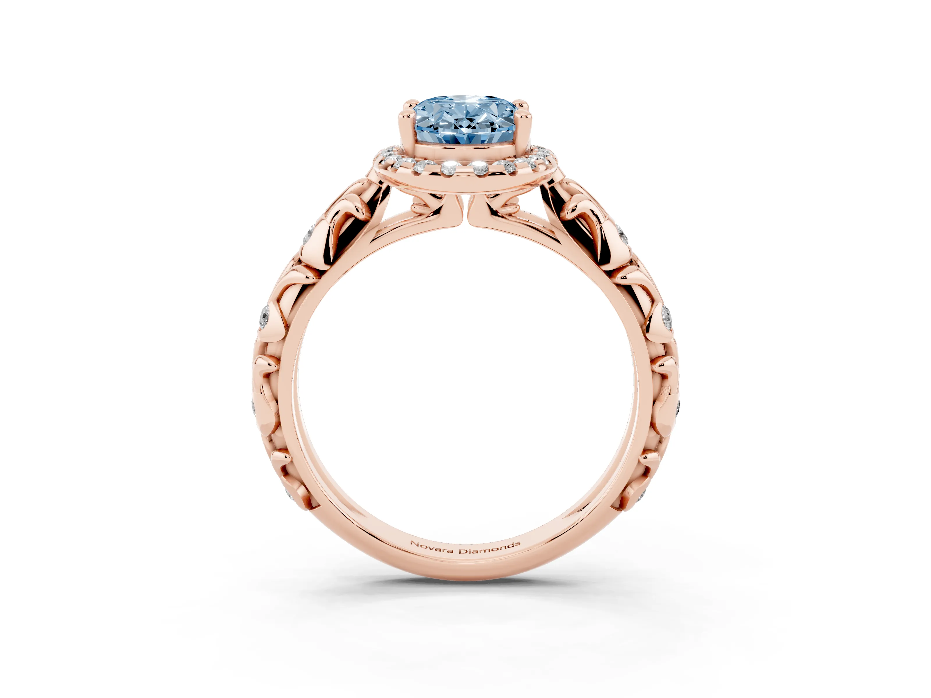 Fancy Blue Oval Cut Diamond Halo Ring Set in Rose gold with Filigree Leaf Band and Prong Setting
