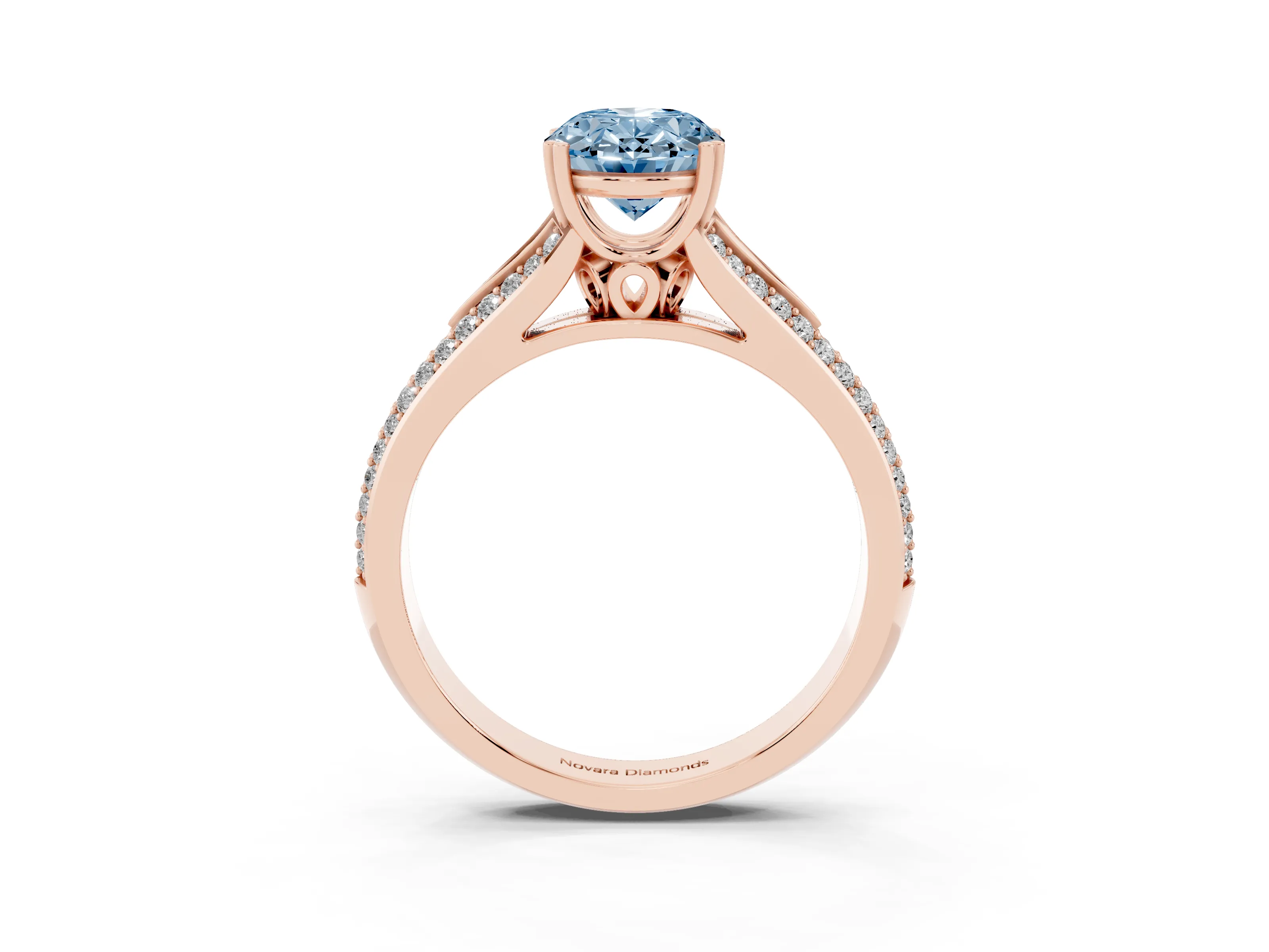 Fancy Blue Oval Cut Diamond Split Shank Pavé Engagement Ring Set in Rose gold with Prong-Set Center Stone
