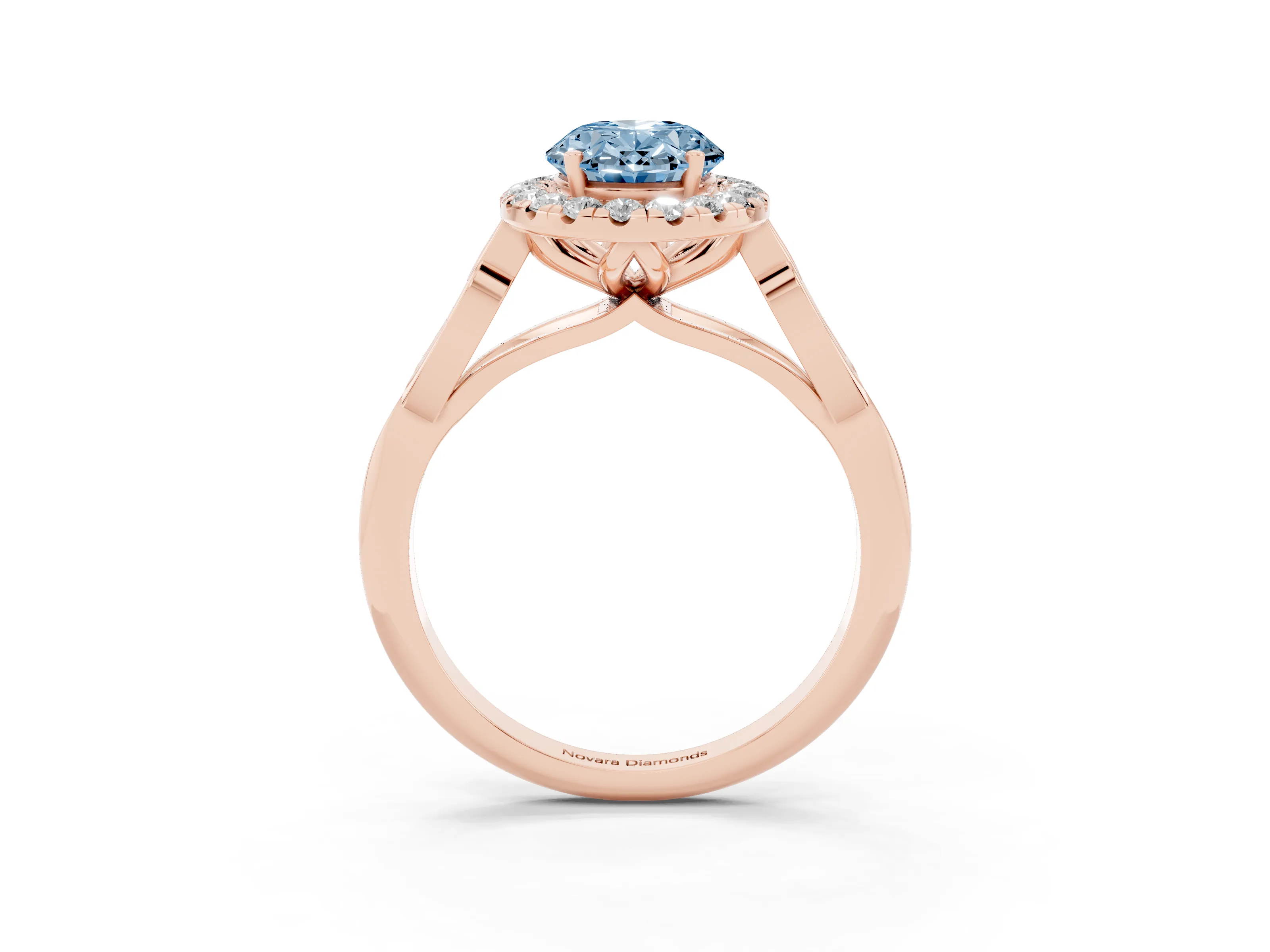 Fancy Blue Oval Cut Diamond Halo Engagement Ring Set in Rose gold with Filigree Band and Prong-Set Center