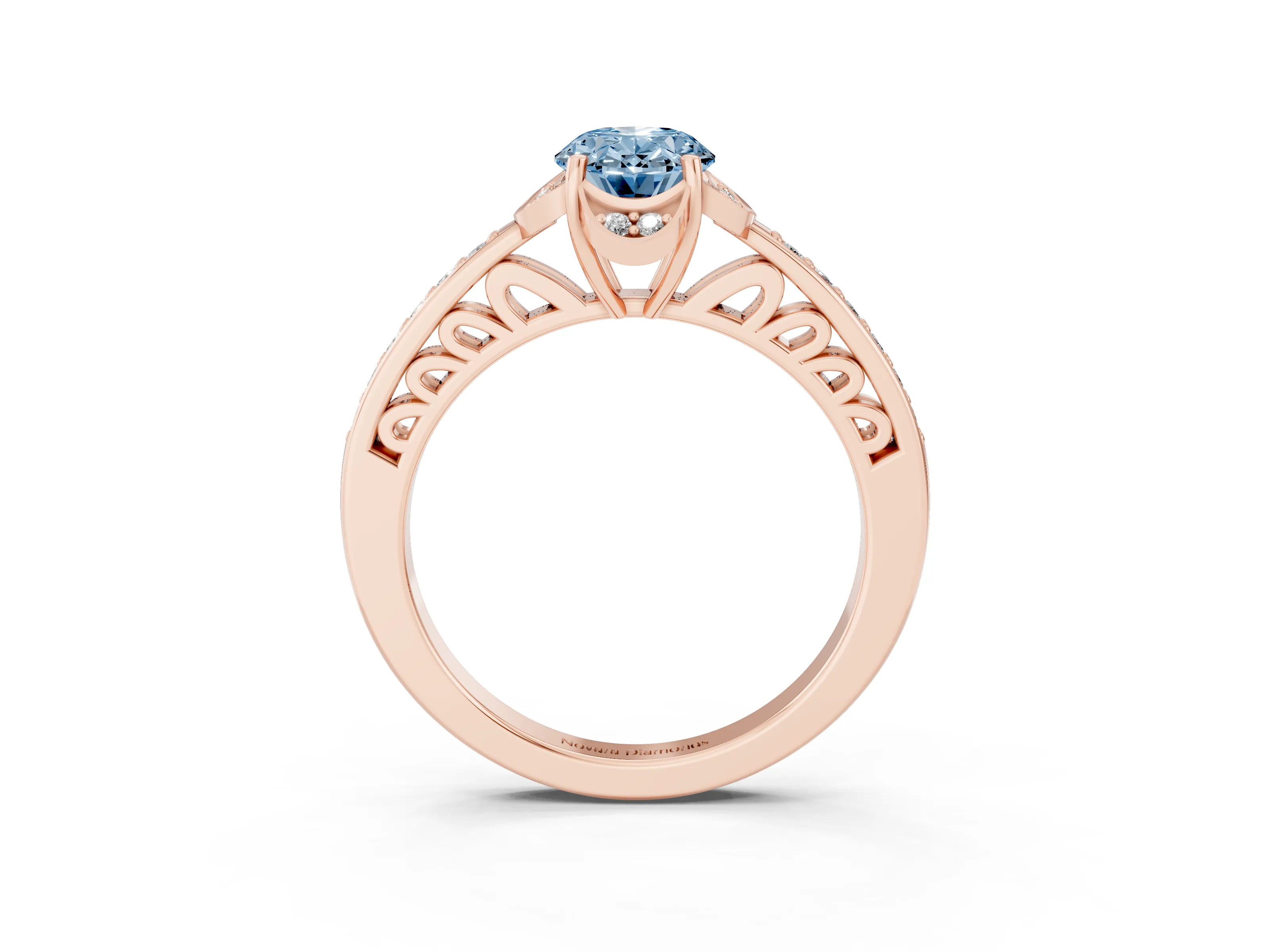 Fancy Blue Oval Cut Diamond Halo Ring Set in Rose gold with Channel Set Band and Prong Setting