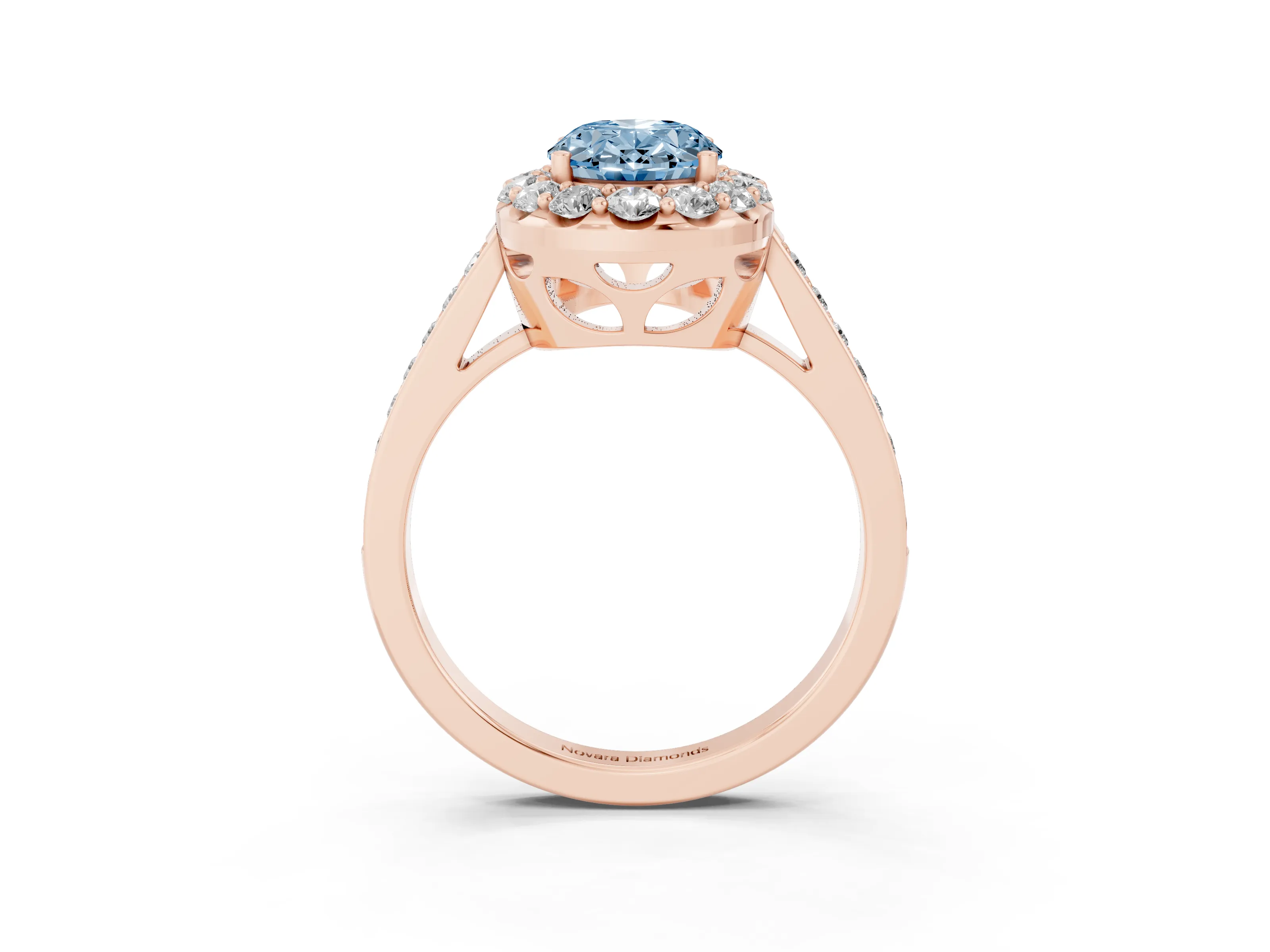 Fancy Blue Oval Cut Diamond Floral Halo Ring Set in Rose gold with Pavé Band and Prong Setting