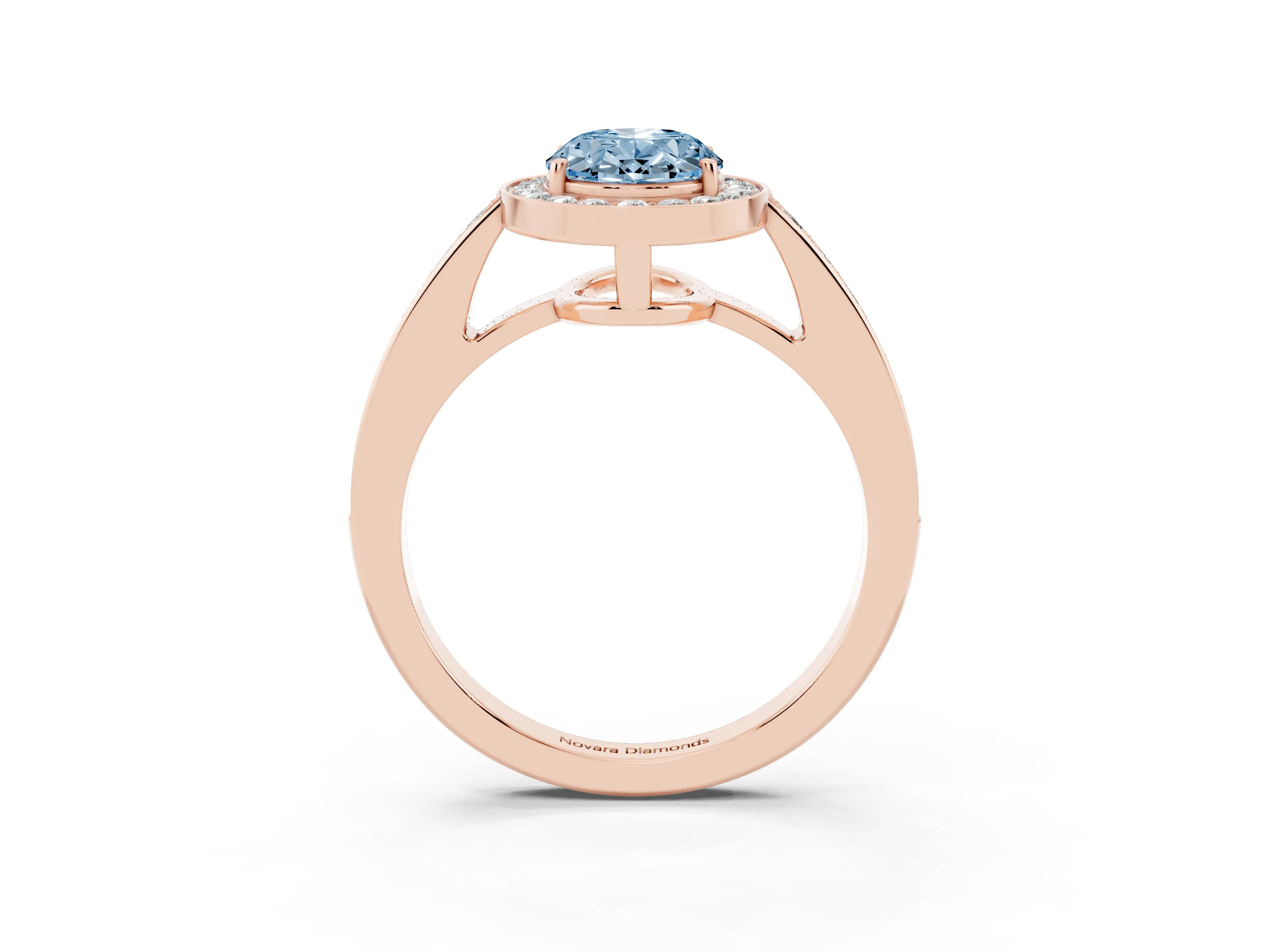 Fancy Blue Oval Cut Diamond Halo Pavé Engagement Ring Set in Rose gold with Bezel Setting