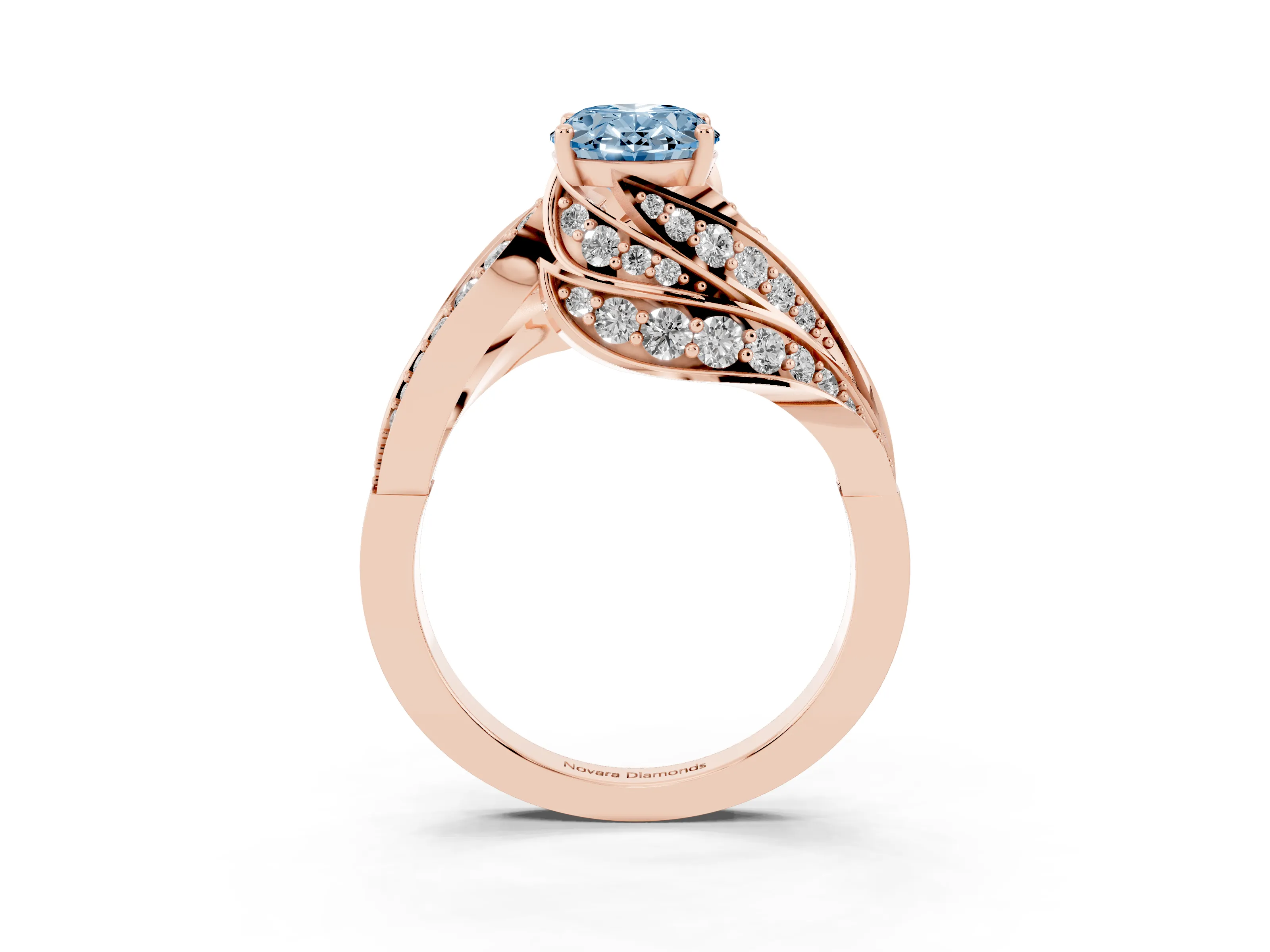 Fancy Blue Oval Cut Diamond Solitaire Ring Set in Rose gold with Layered Twist Pavé Band