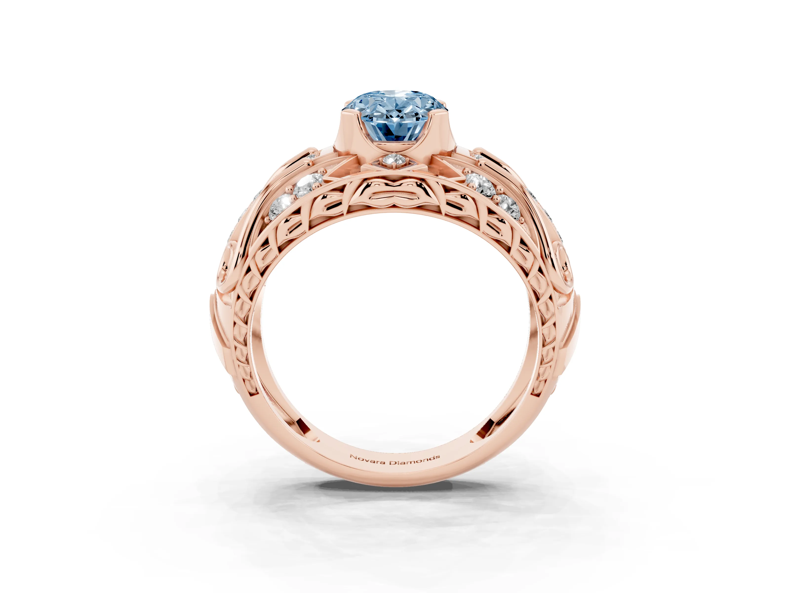 Fancy Blue Oval Cut Diamond Art Deco Ring Set in Rose gold with Pavé Split Shank