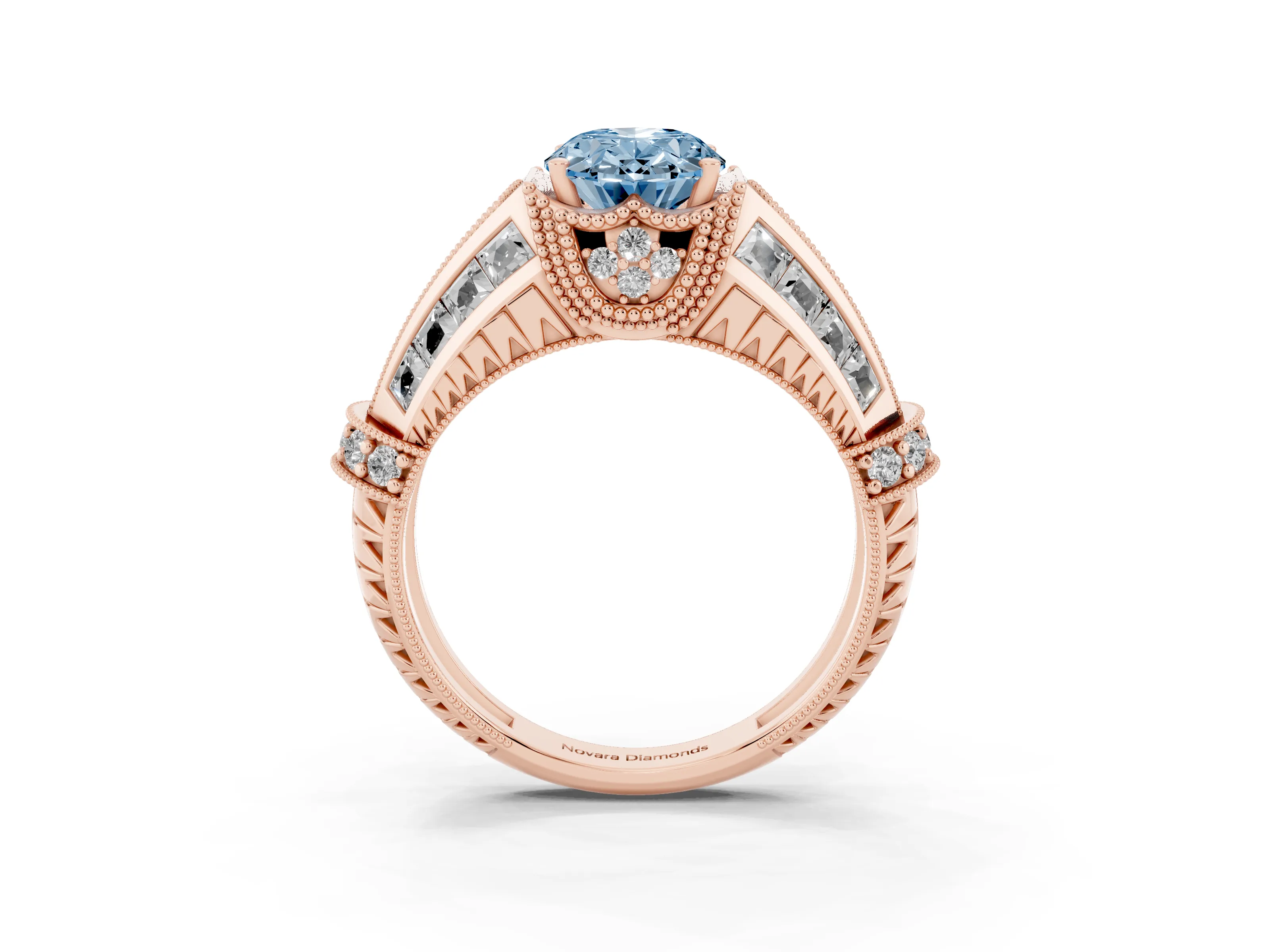 Fancy Blue Oval Cut Diamond Vintage-Inspired Milgrain Ring Set in Rose gold with Accent Split Shank