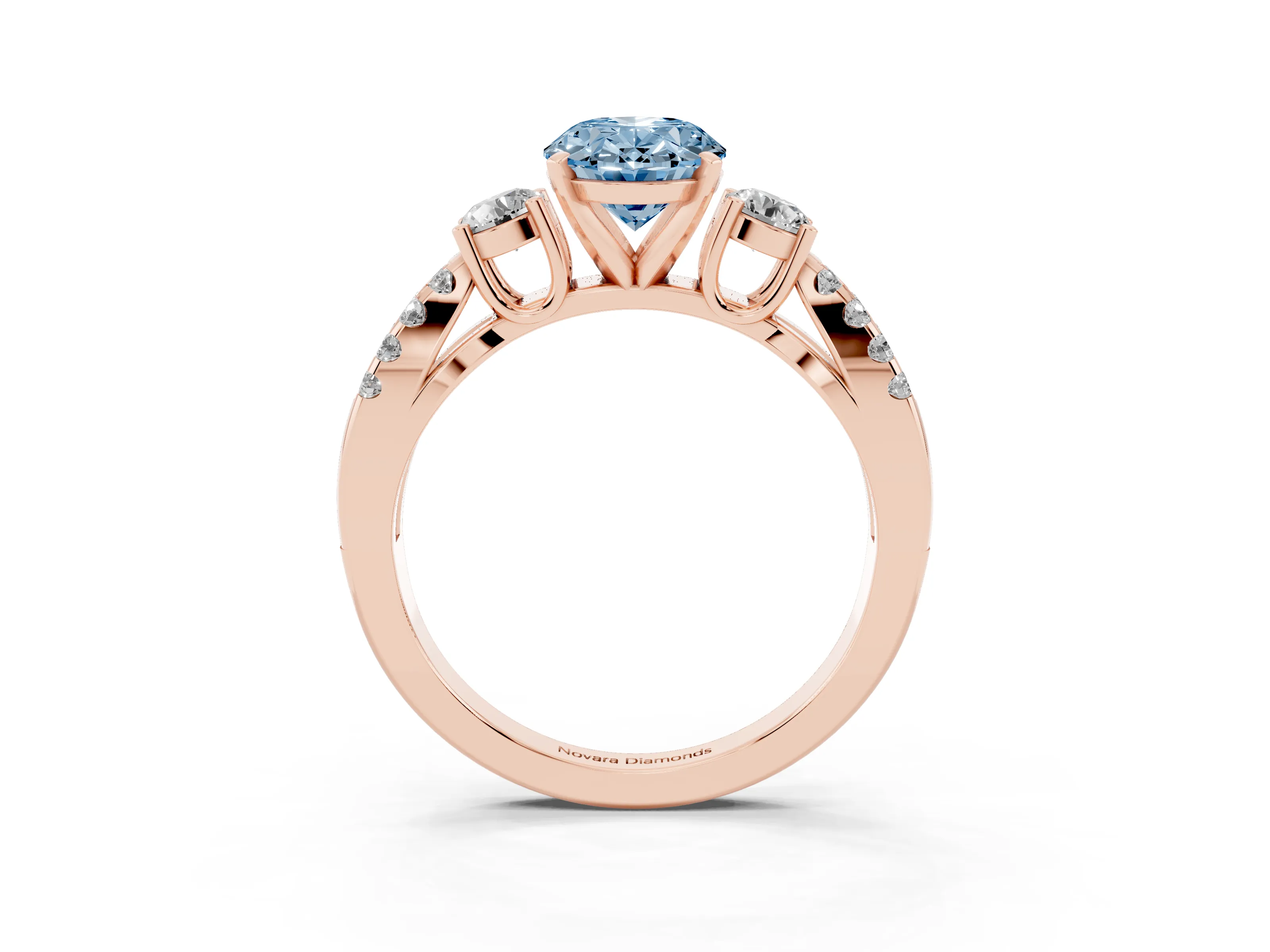 Fancy Blue Oval Cut Diamond Three-Stone Ring Set in Rose gold with Pavé Split Shank and Prong Setting
