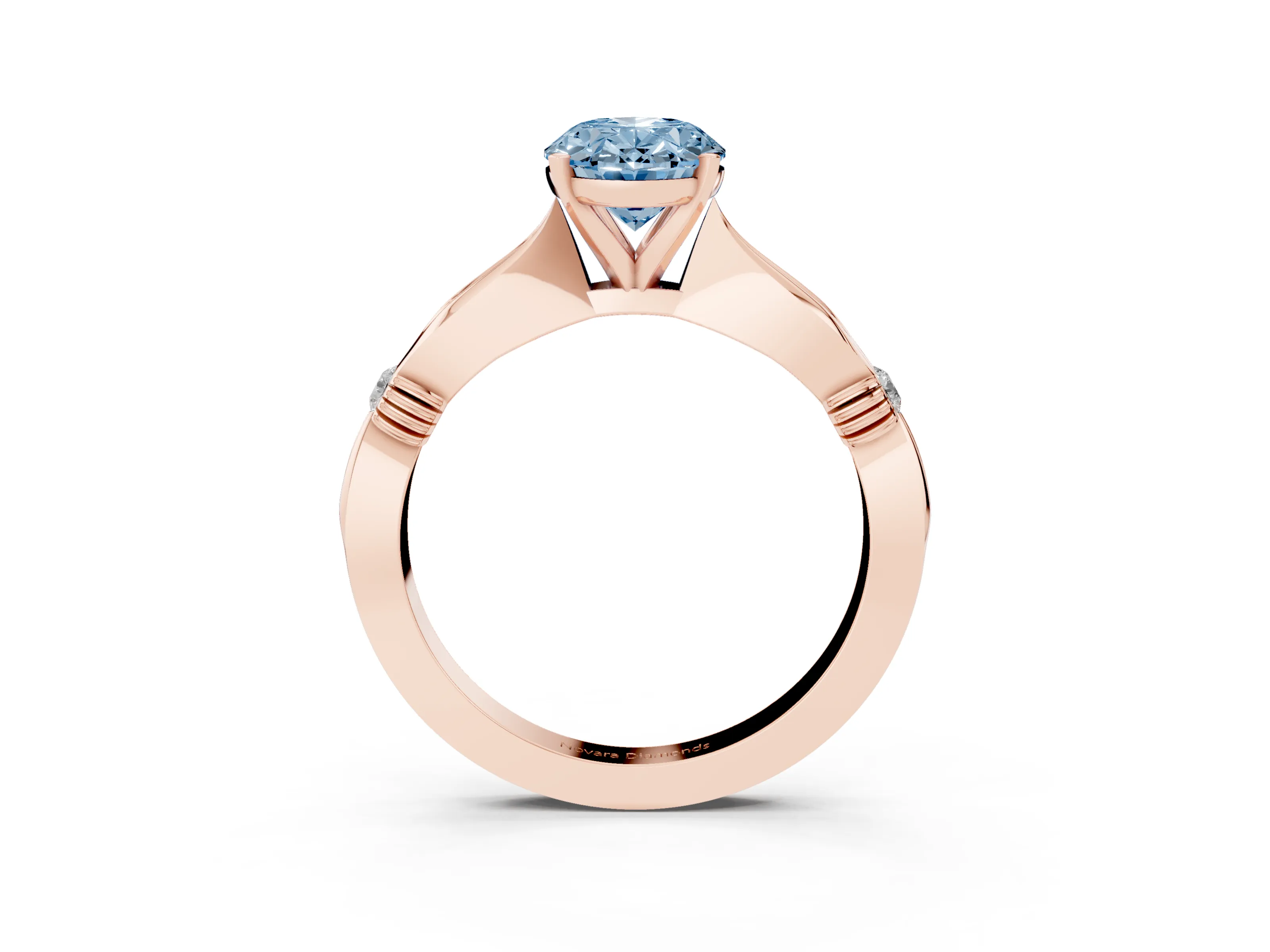 Fancy Blue Oval Cut Diamond Solitaire Twisted Band Ring Set in Rose gold with Accent Stones and Prong Setting