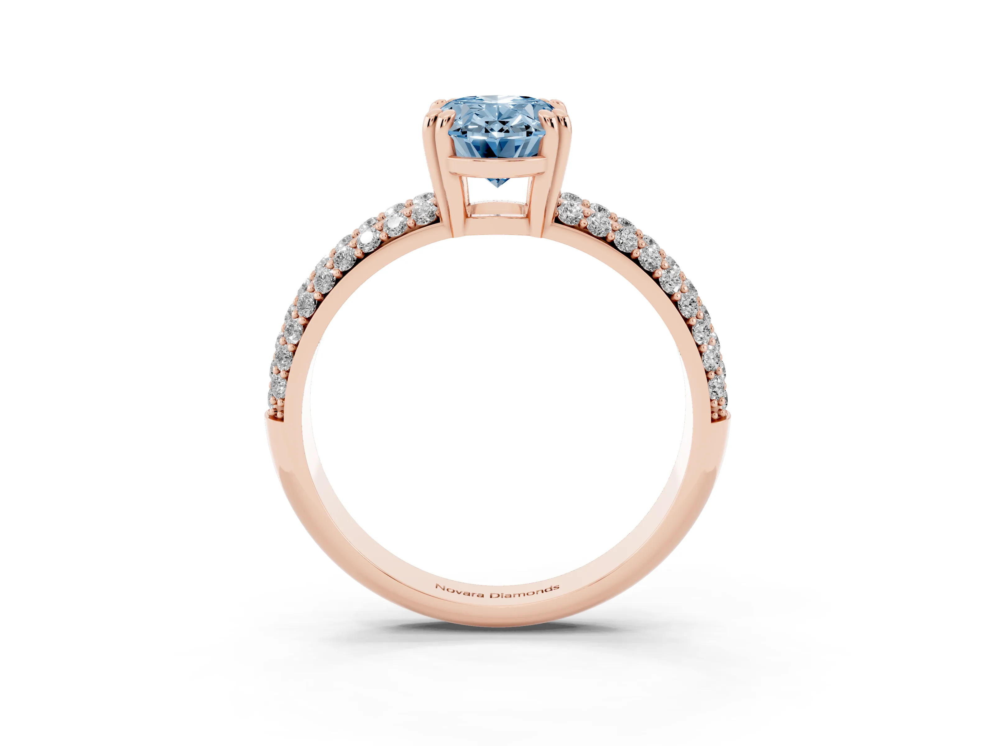 Fancy Blue Oval Cut Diamond Solitaire Ring Set in Rose gold with Multi-Row Round Pavé Band and Prong Setting