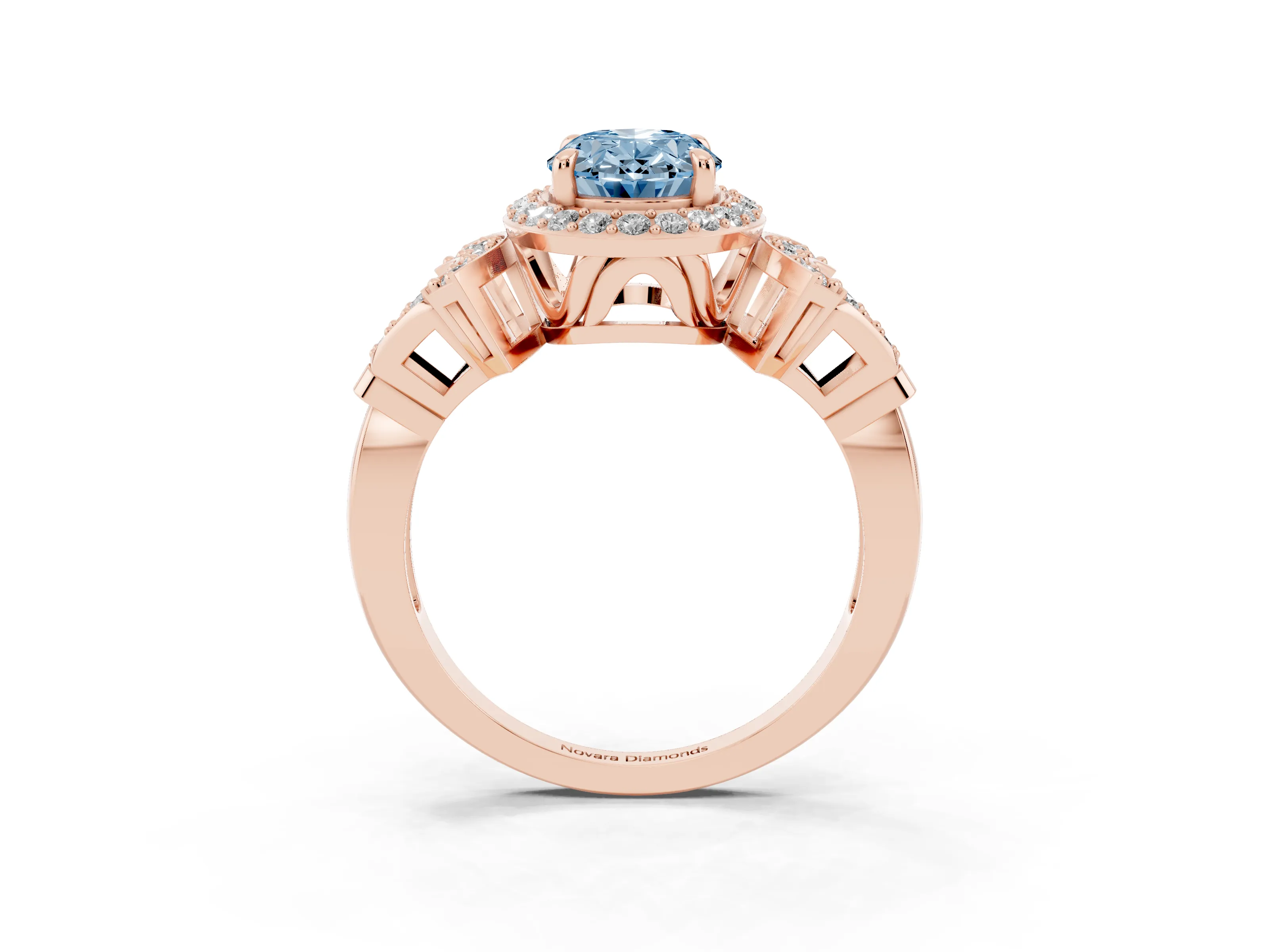 Fancy Blue Oval Cut Diamond Halo Engagement Ring Set in Rose gold with Accent Stone Split Shank