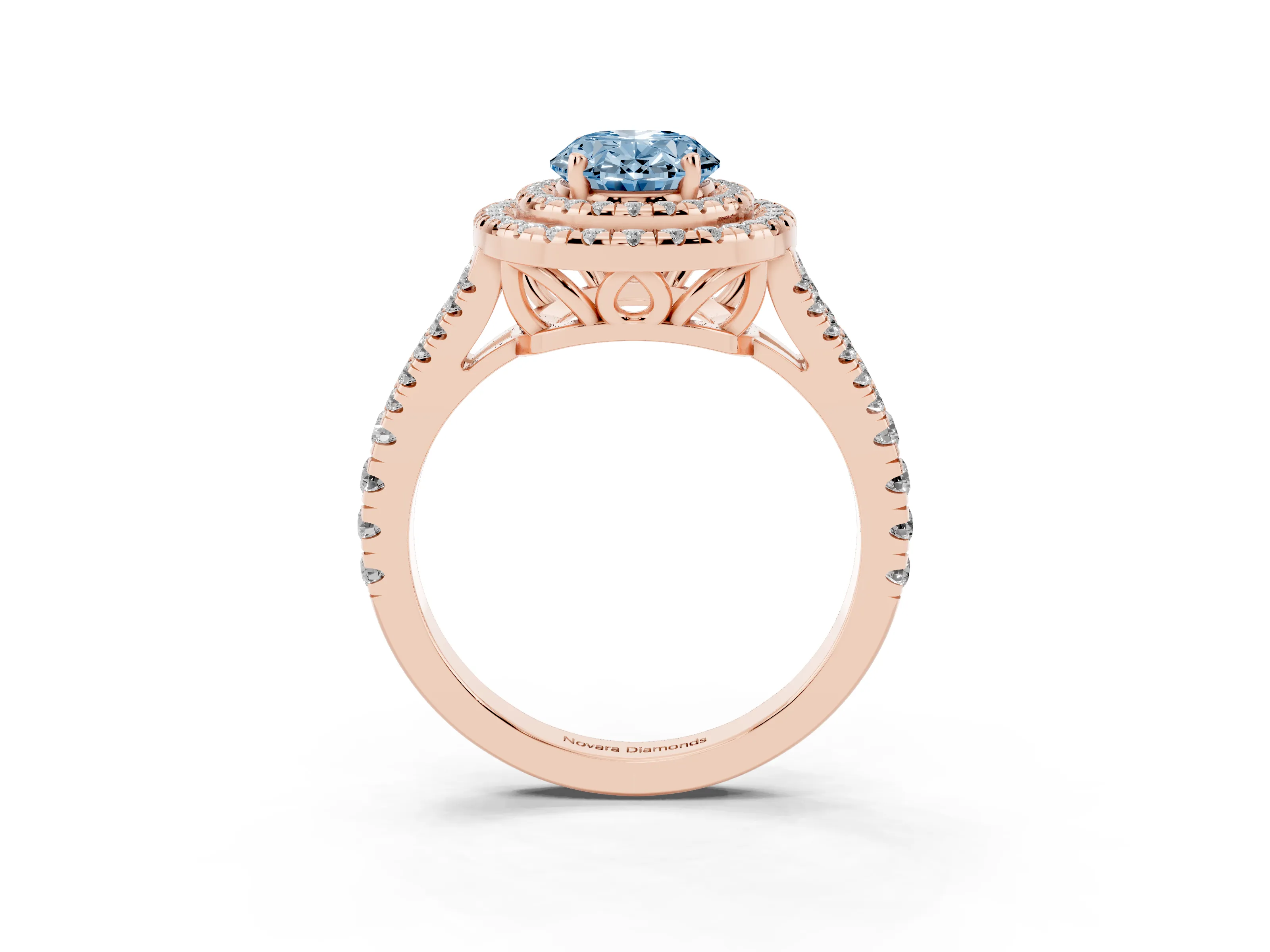 Fancy Blue Oval Cut Diamond Double Halo Ring Set in Rose gold with Pavé Band