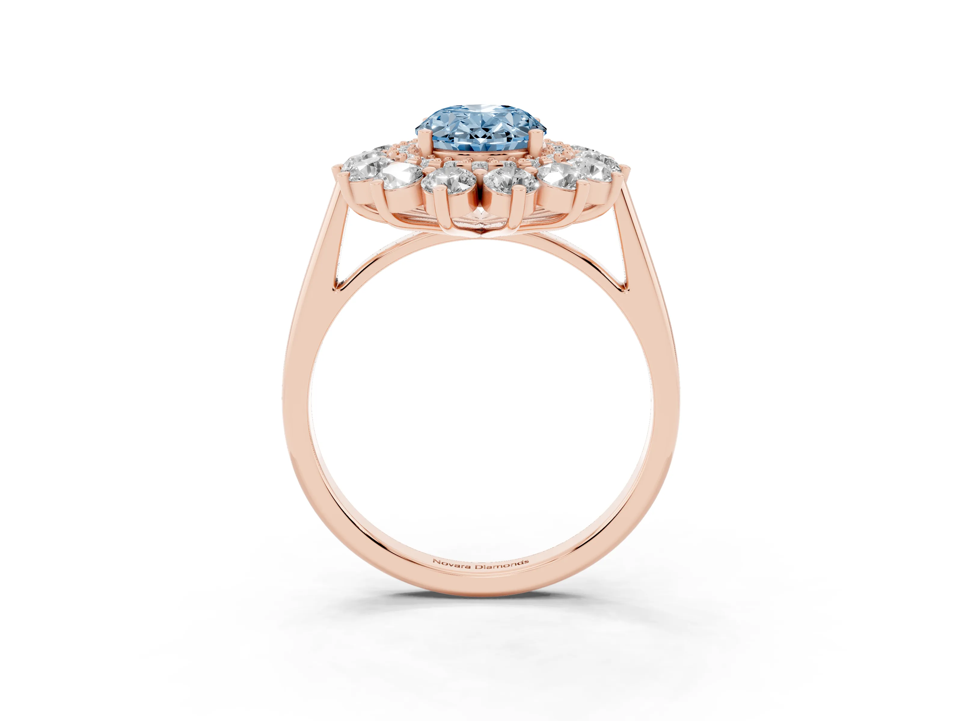 Fancy Blue Oval Cut Diamond Floral Double Halo Ring Set in Rose gold with Round Petals