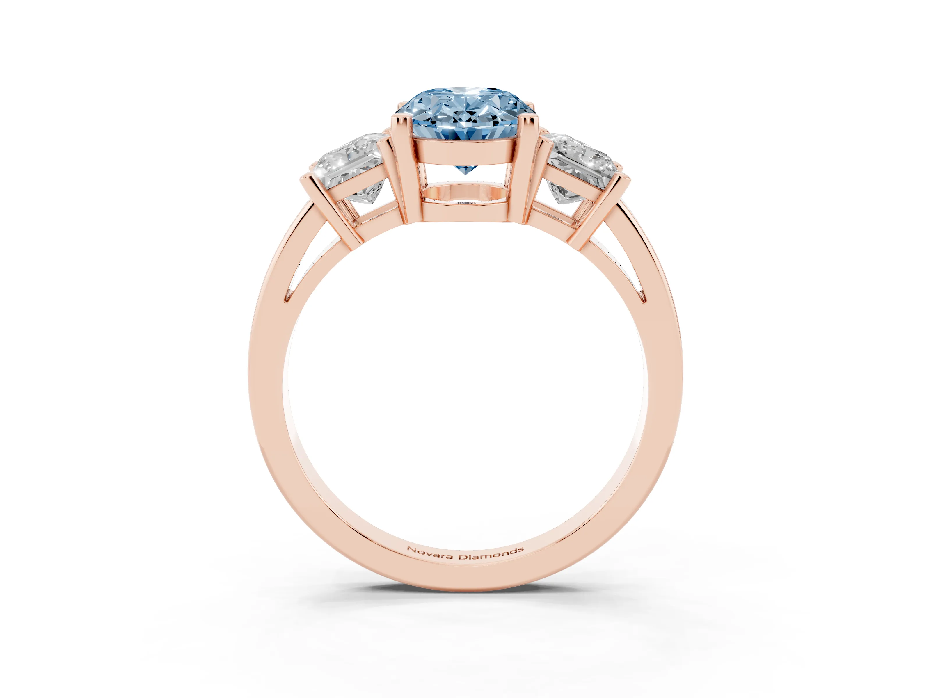 Fancy Blue Three-Stone Oval Cut Diamond Solitaire Ring Set in Rose gold with Prong Setting