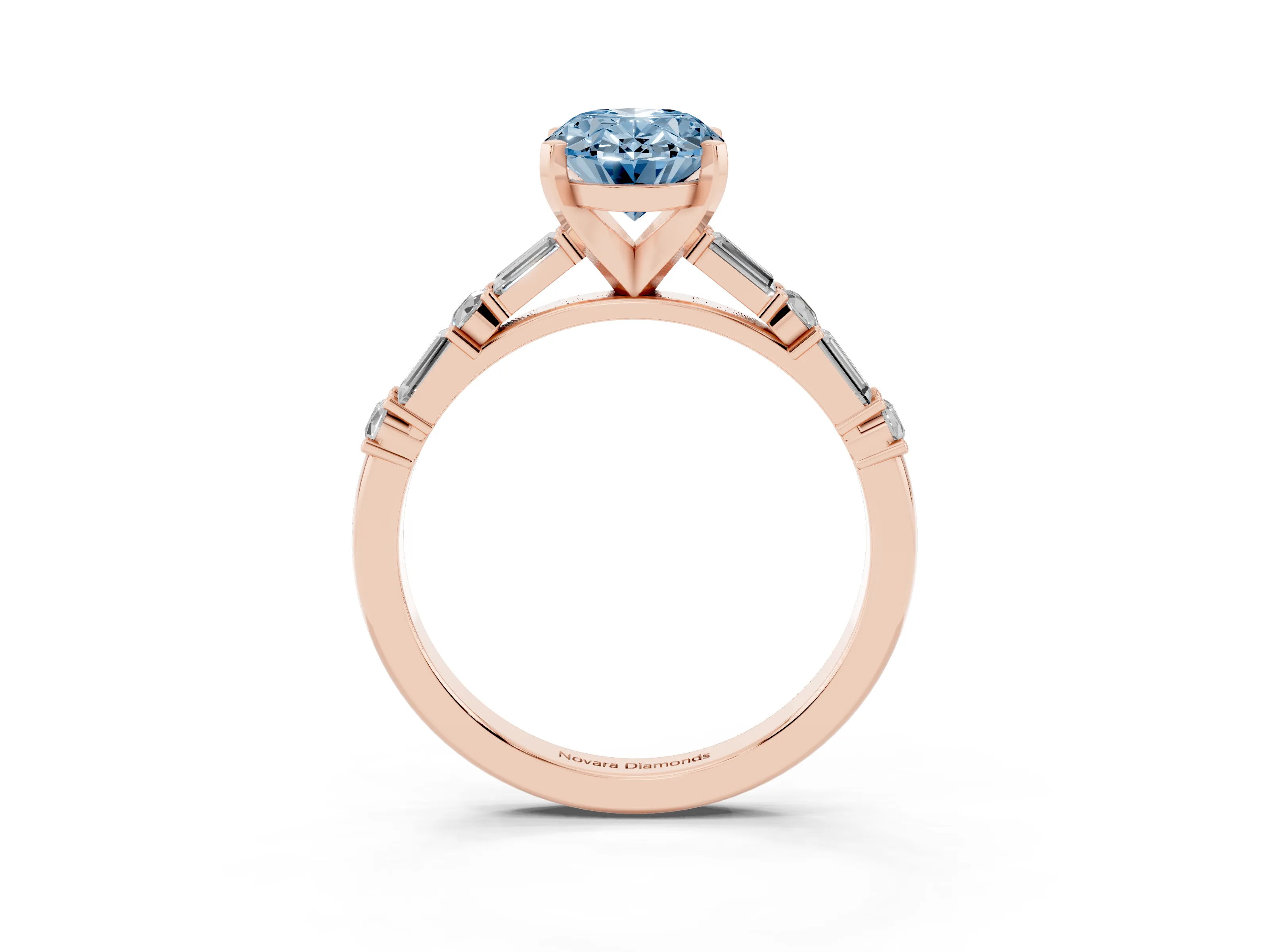 Fancy Blue Oval Cut Diamond Solitaire Set in Rose gold with Side Baguettes and Channel Set Band