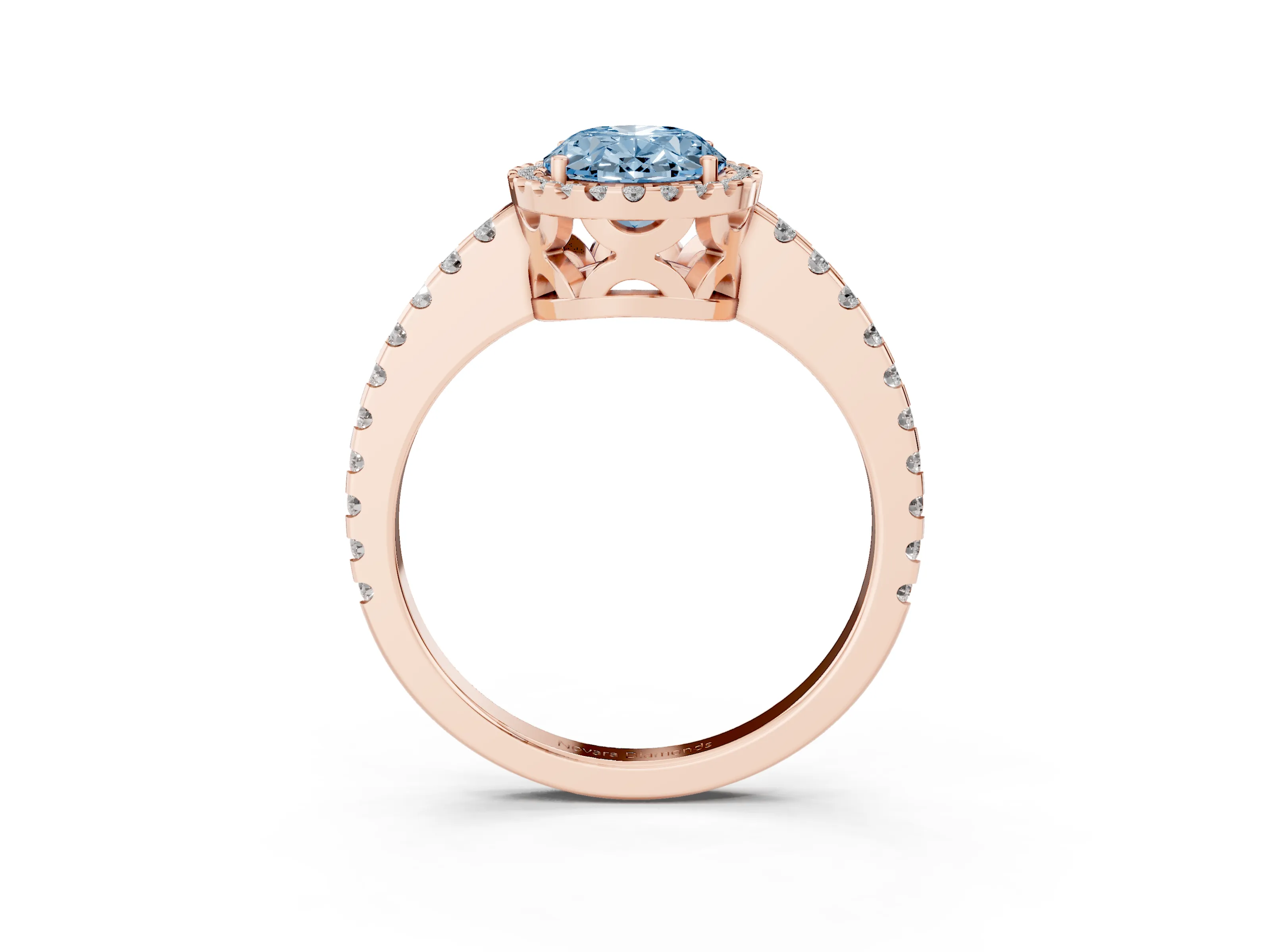 Fancy Blue Oval Cut Diamond Halo Ring Set in Rose gold with Pavé Shoulders and Halo-Framed Center