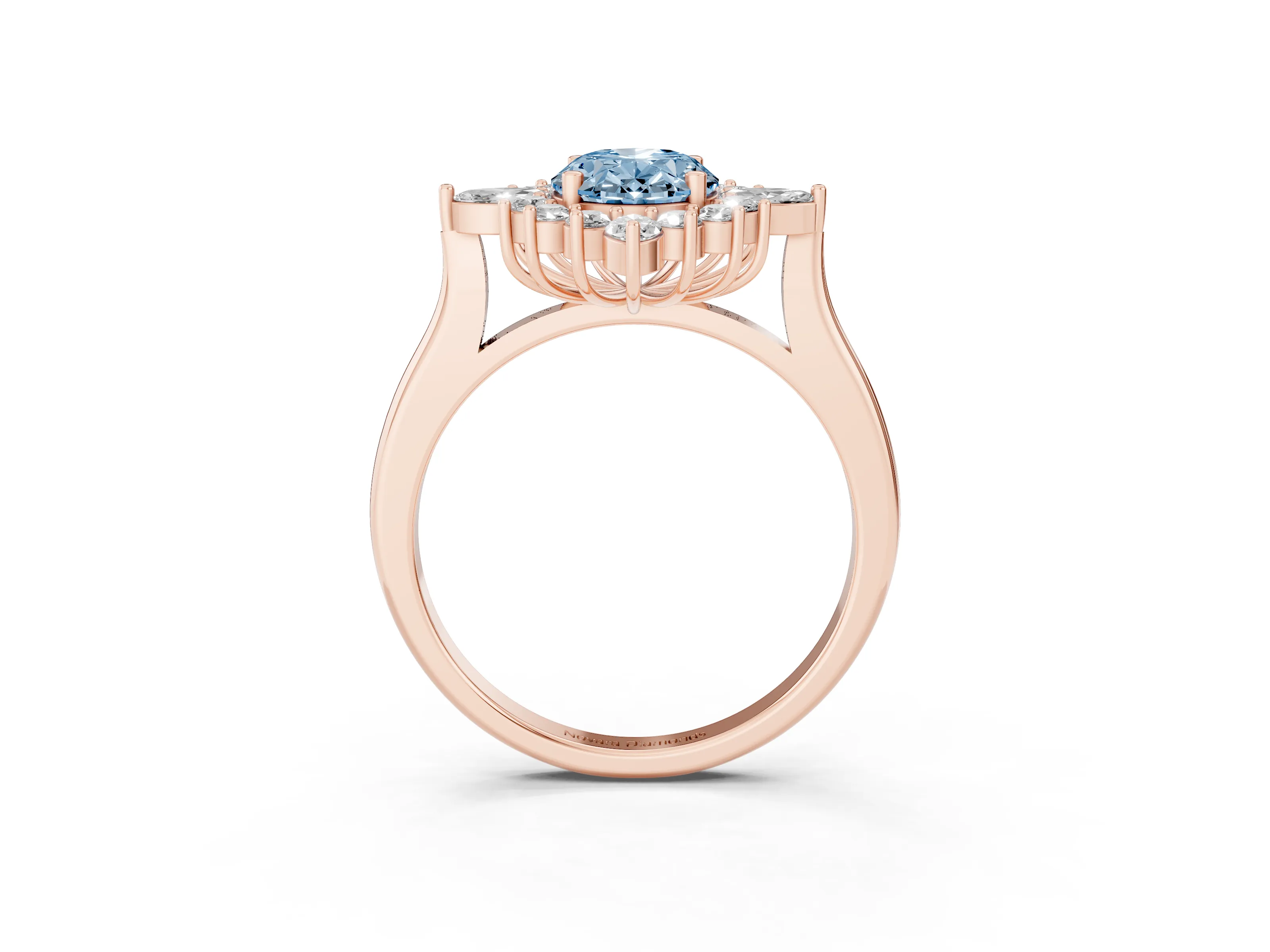 Fancy Blue Oval Cut Diamond Cluster Halo Ring Set in Rose gold with Marquise and Round Accents