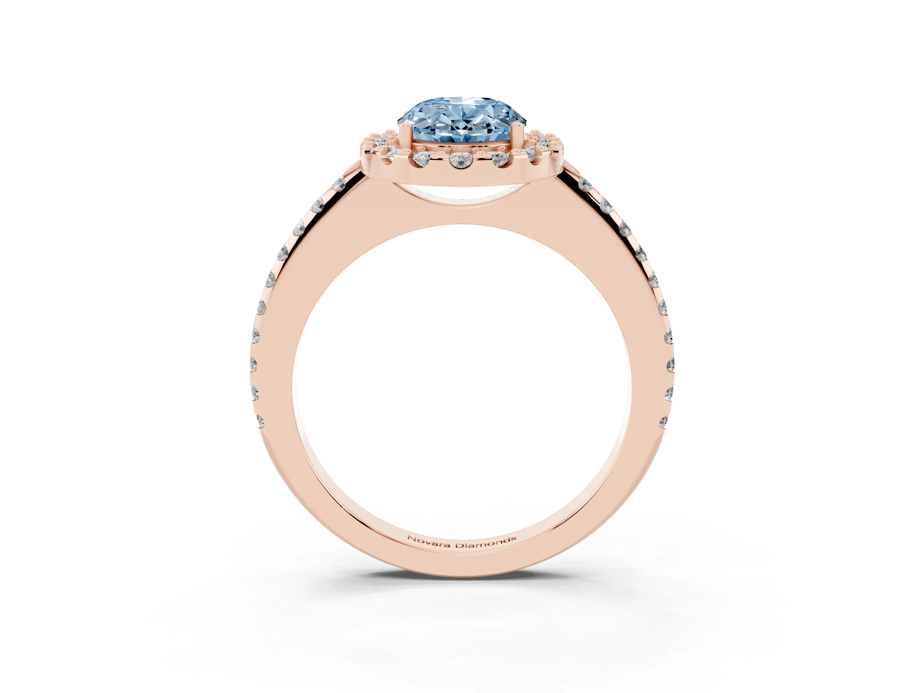 Fancy Blue Oval Cut Diamond Pavé Halo Ring Set in Rose gold with Prong Setting