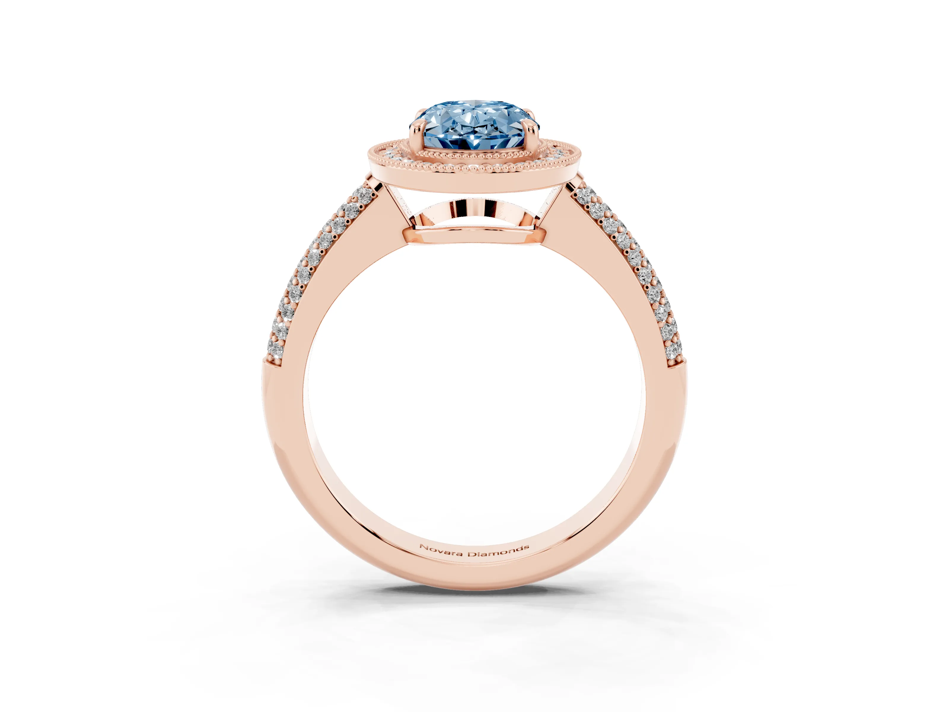 Fancy Blue Oval Cut Diamond Halo Pavé Band Set in Rose gold with Prong Setting
