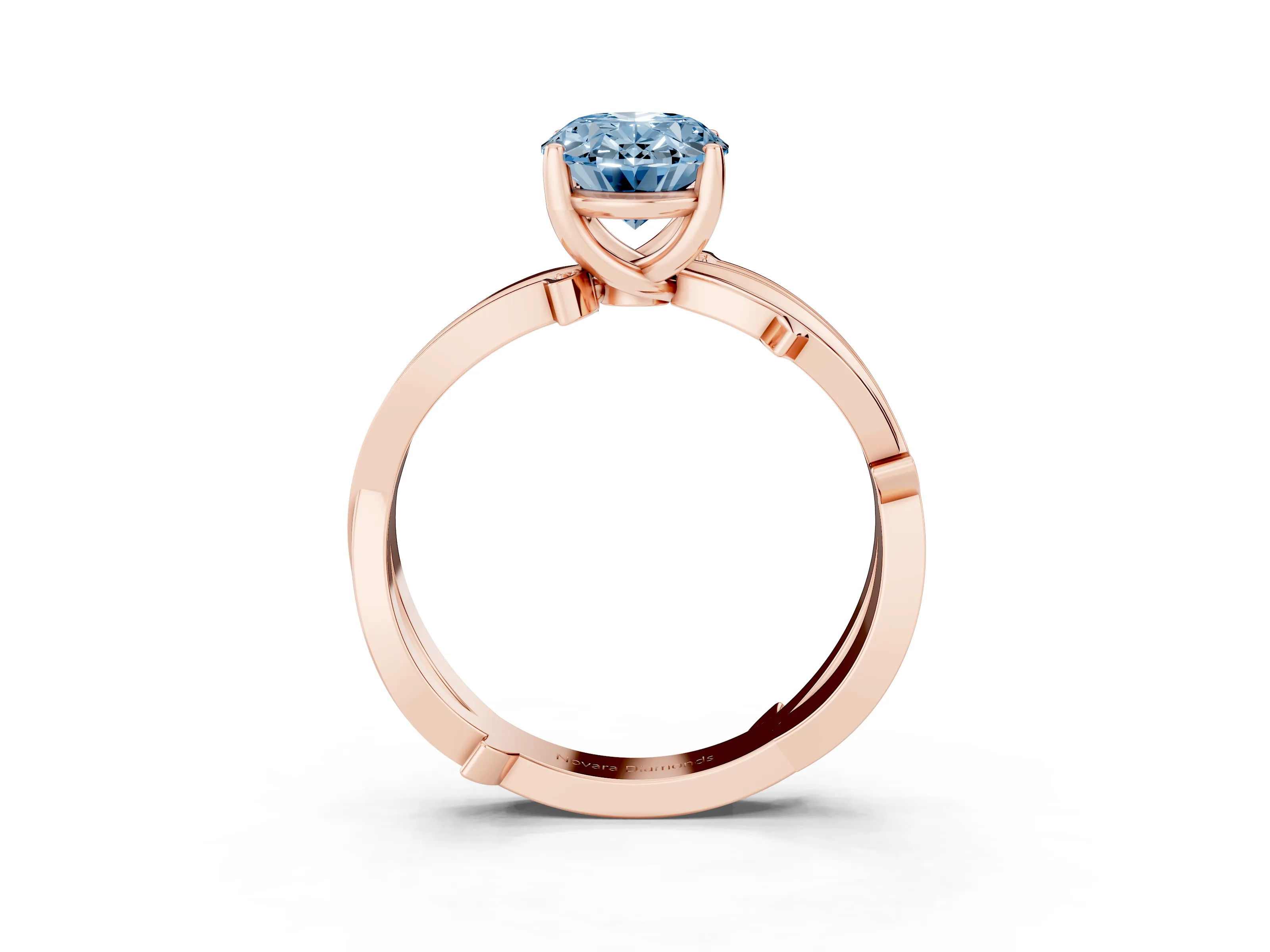 Fancy Blue Oval Cut Diamond Pavé Twist Band Solitaire Ring Set in Rose gold with Prong Setting
