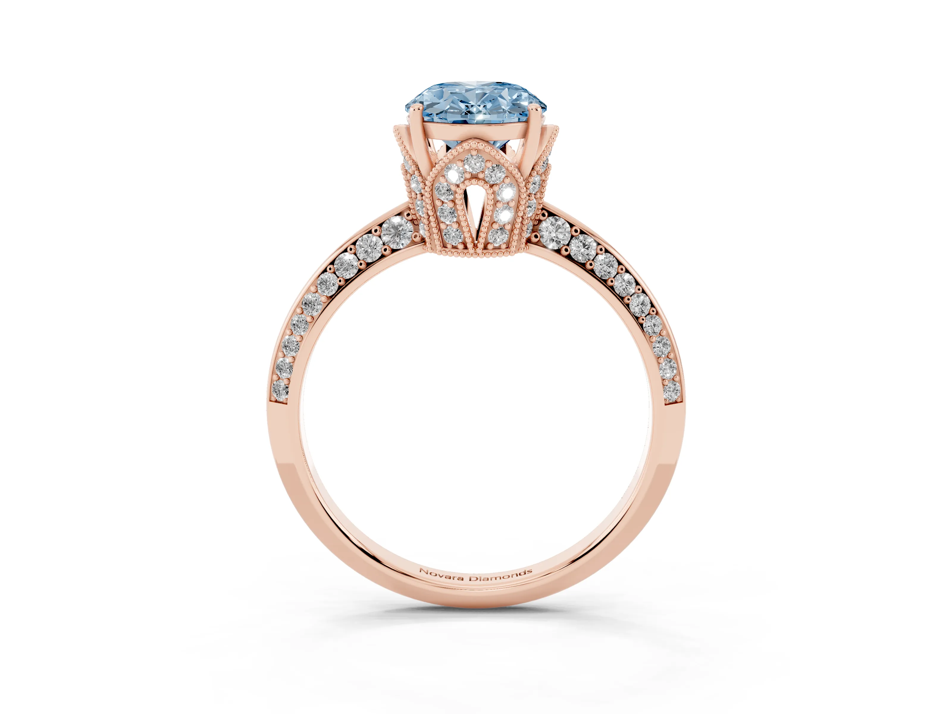 Fancy Blue Oval Cut Diamond Solitaire Engagement Ring Set in Rose gold with Pavé Split Shank and Prong Setting