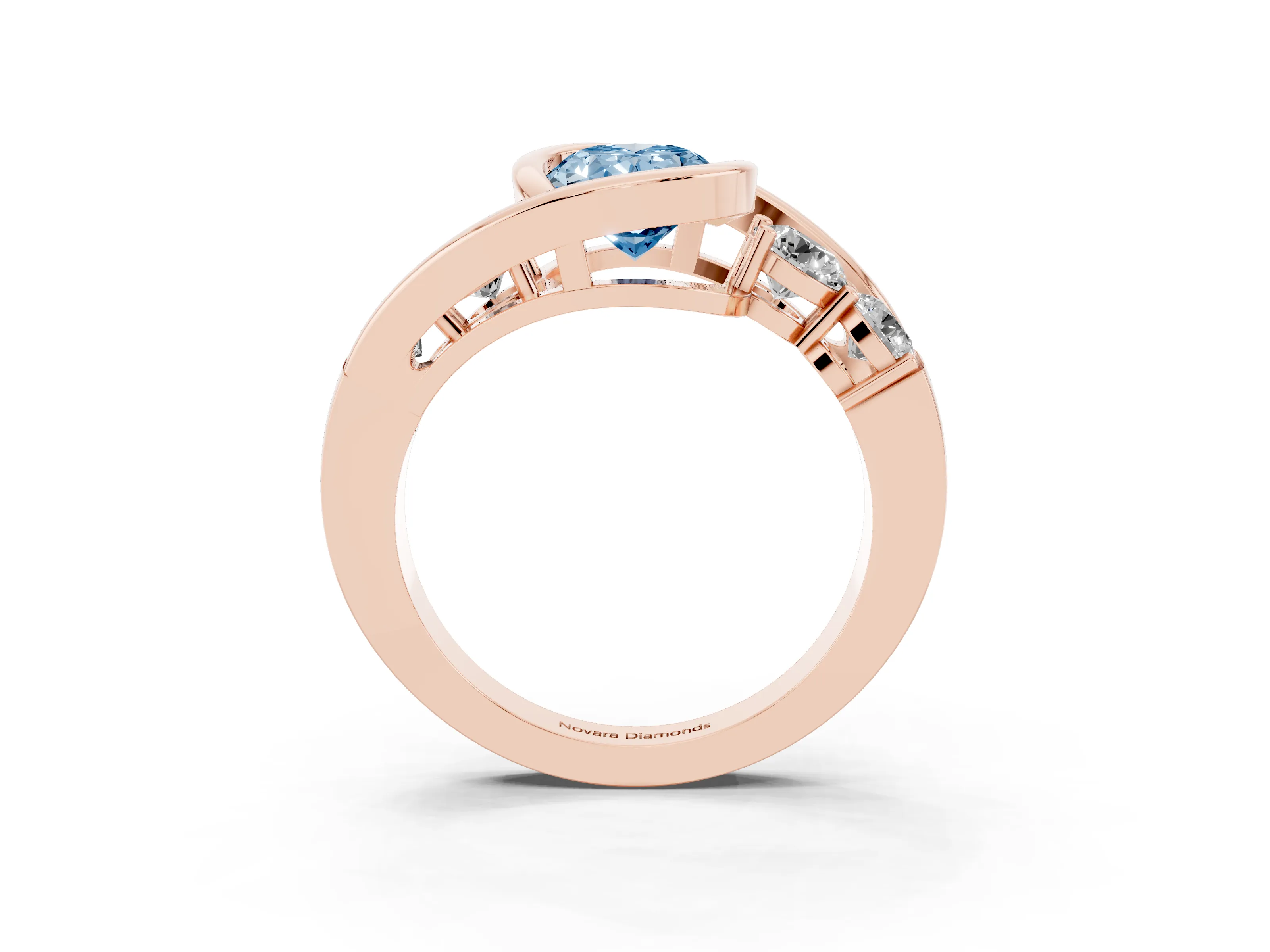 Fancy Blue Oval Cut Diamond Bezel Bypass Ring Set in Rose gold with Round Accents