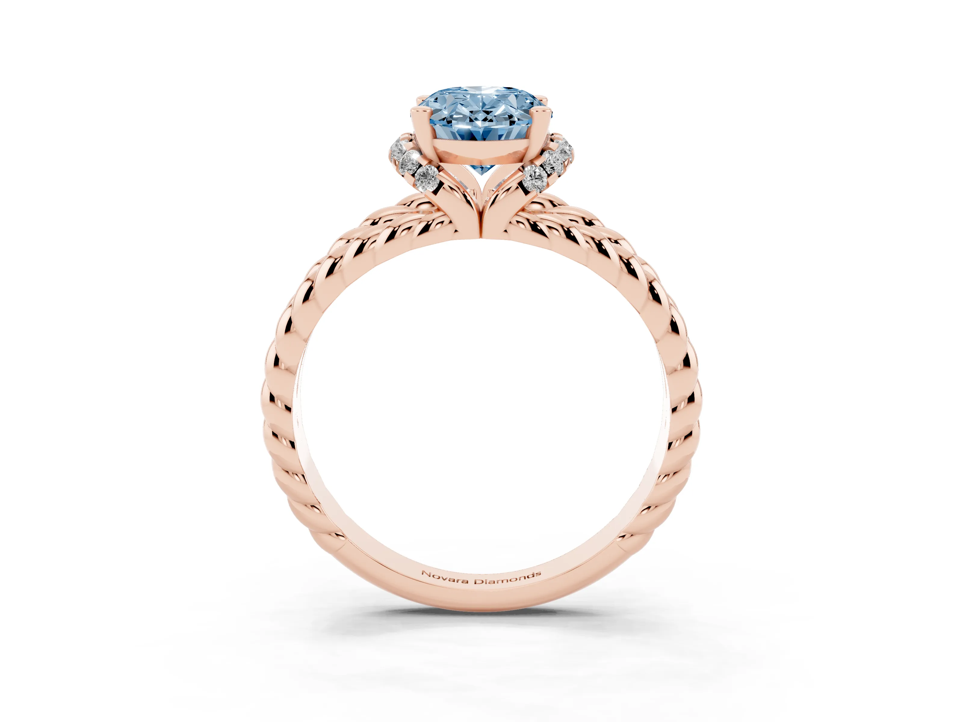 Fancy Blue Oval Cut Diamond Halo Ring Set in Rose gold with Twisted Band and Prong Setting