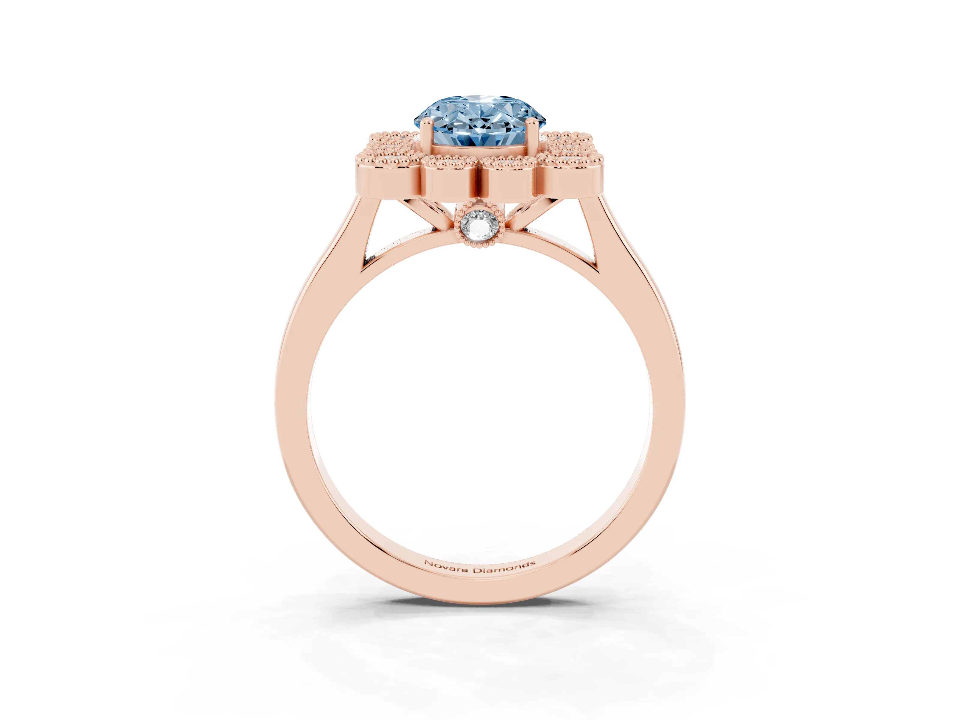 Fancy Blue Oval Cut Diamond Cluster Halo Ring Set in Rose gold with Milgrain Bezel Accents and Plain Band