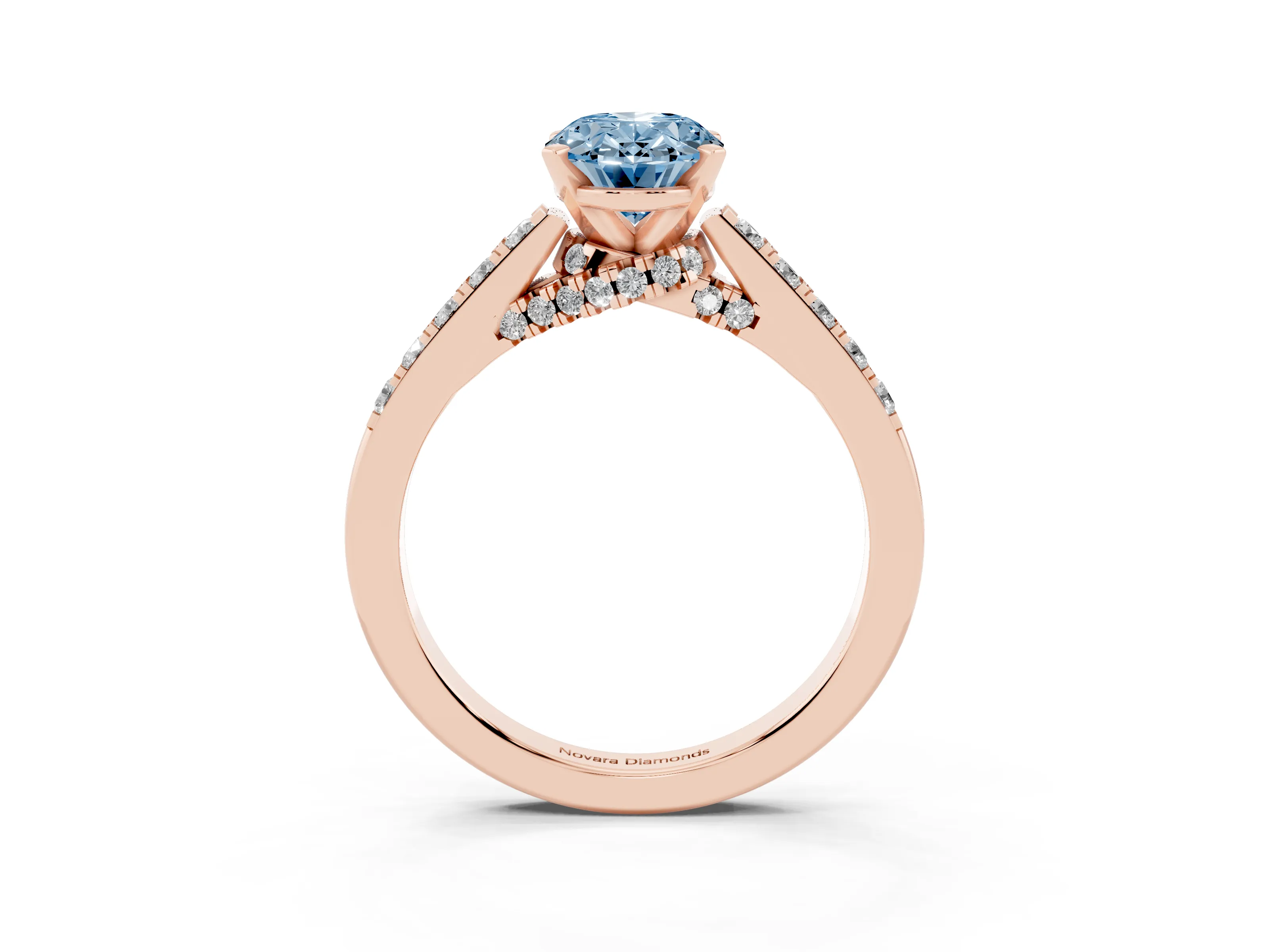 Fancy Blue Oval Cut Diamond Solitaire Ring Set in Rose gold with Crossover Gallery and Round Pavé Band
