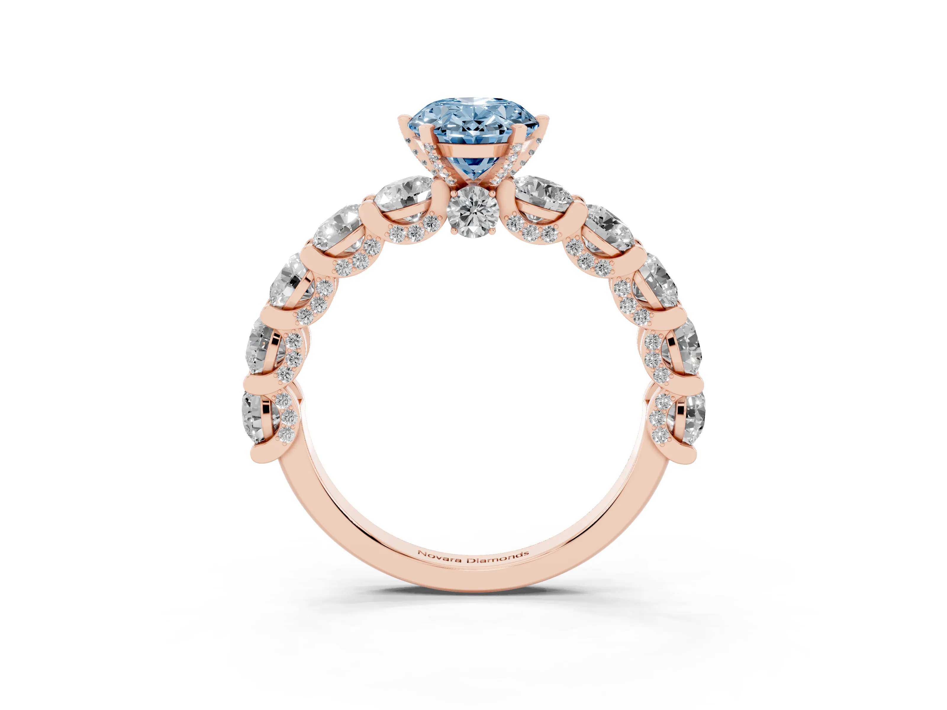 Fancy Blue Oval Cut Diamond Side Stone Ring Set in Rose gold with Alternating Round and Oval Side Stones