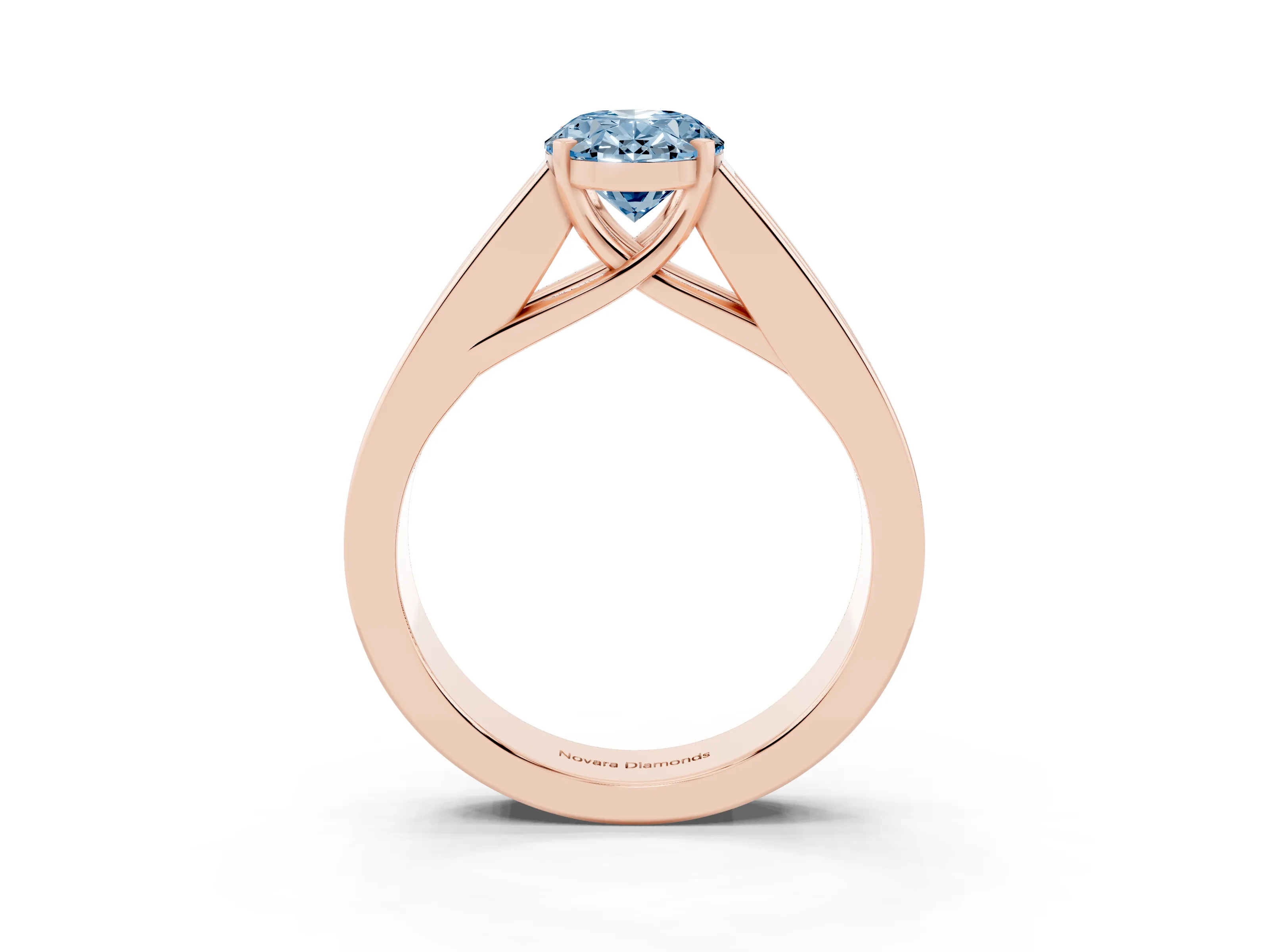 Fancy Blue Oval Cut Diamond Solitaire Ring Set in Rose gold with Channel-Set Accent Stones and Prong Setting