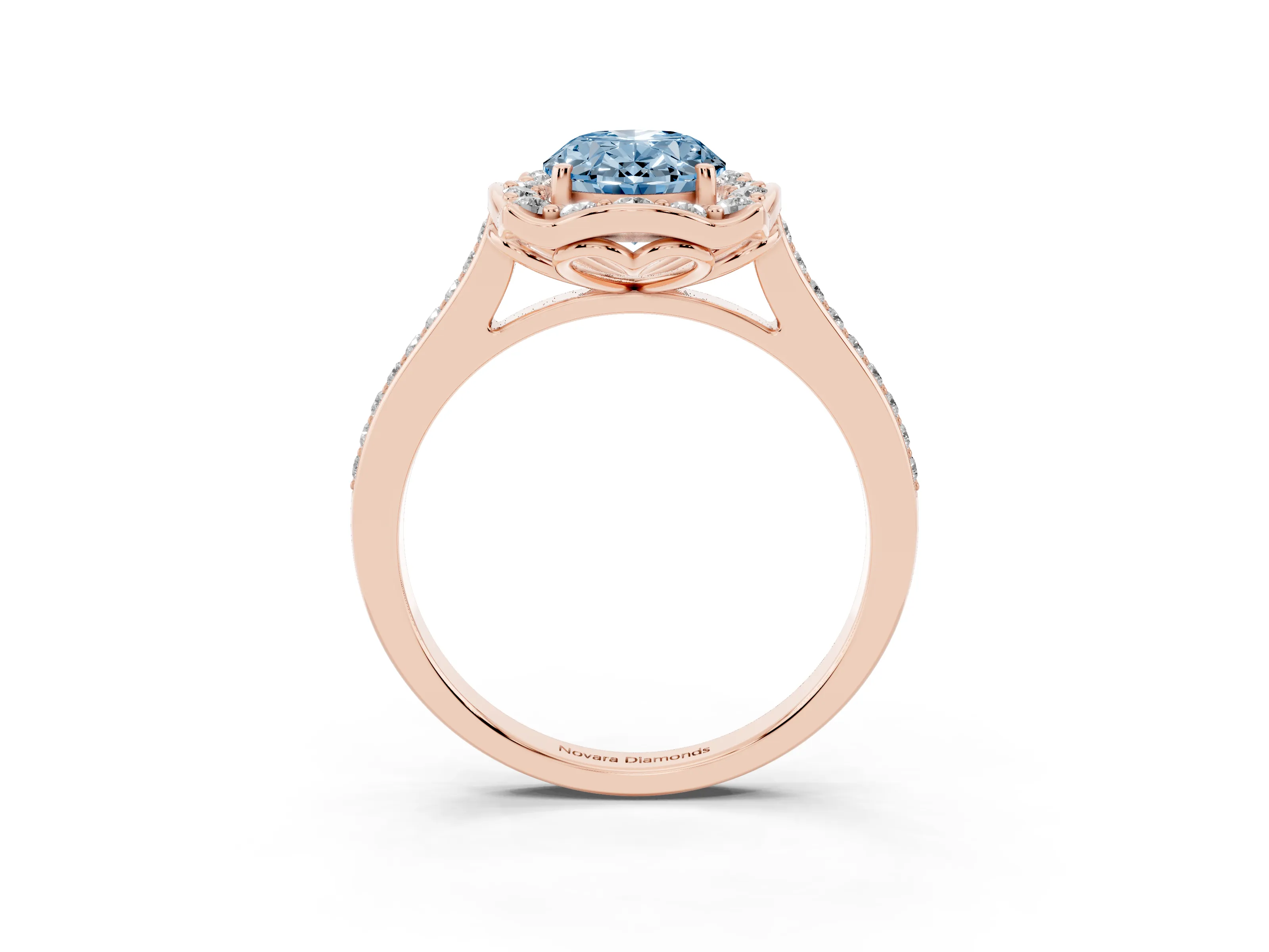 Fancy Blue Oval Cut Diamond Halo Ring Set in Rose gold with Pavé-Lined Shoulders and Prong Setting