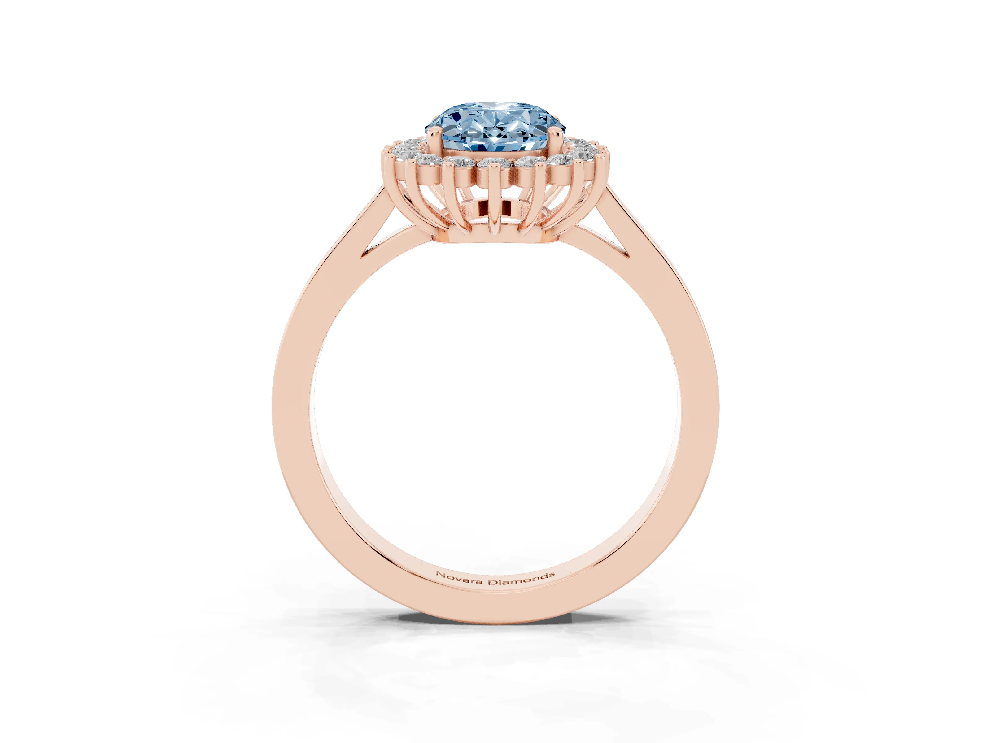 Fancy Blue Oval Cut Diamond Halo Ring Set in Rose gold with Round Halo and Smooth Solitaire Band