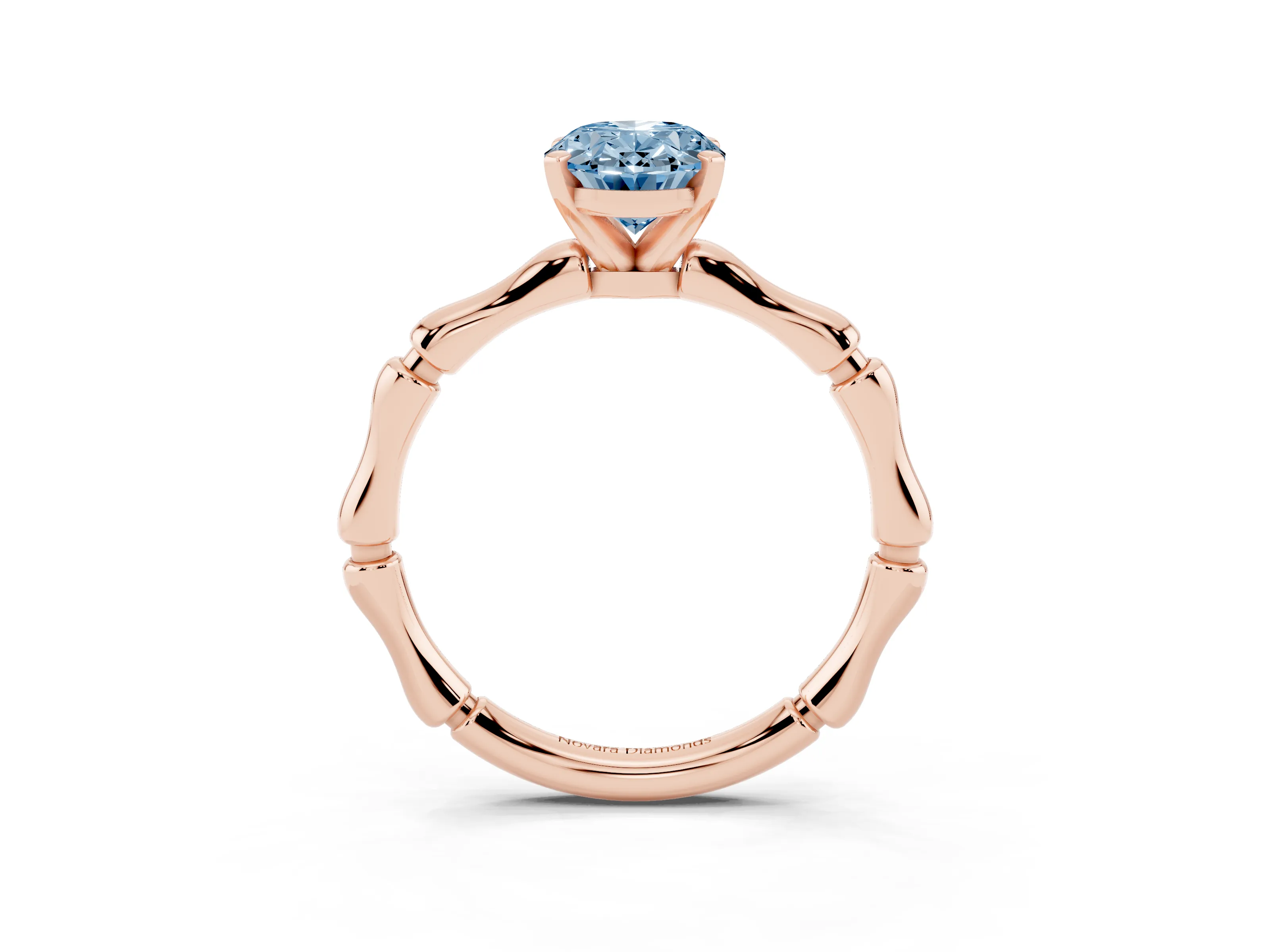 Fancy Blue Oval Cut Diamond Solitaire Ring Set in Rose gold with Bamboo Band and Prong Setting