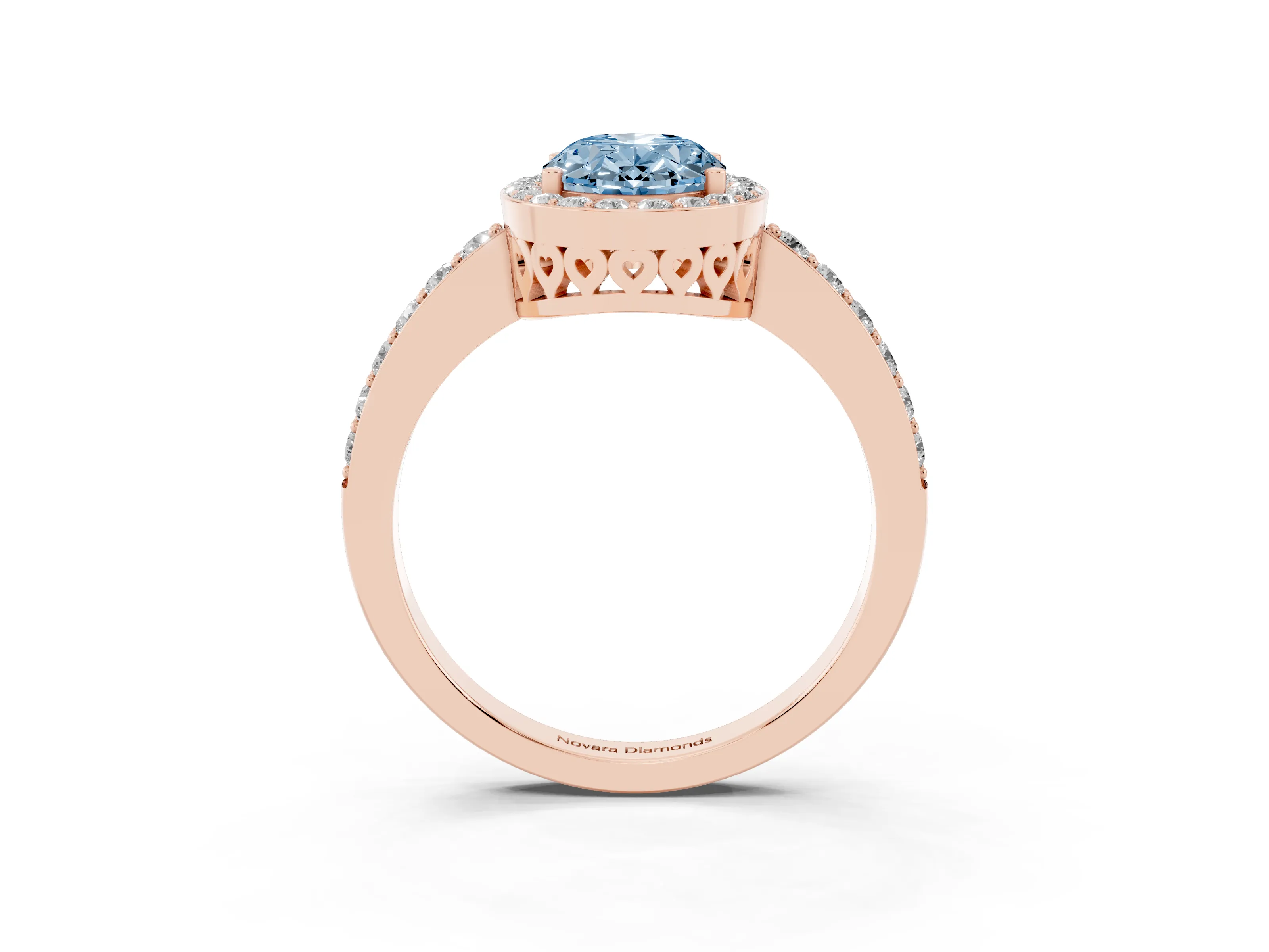 Fancy Blue Oval Cut Diamond Halo Ring Set in Rose gold with Pavé-Setting Band and Open Prong Center